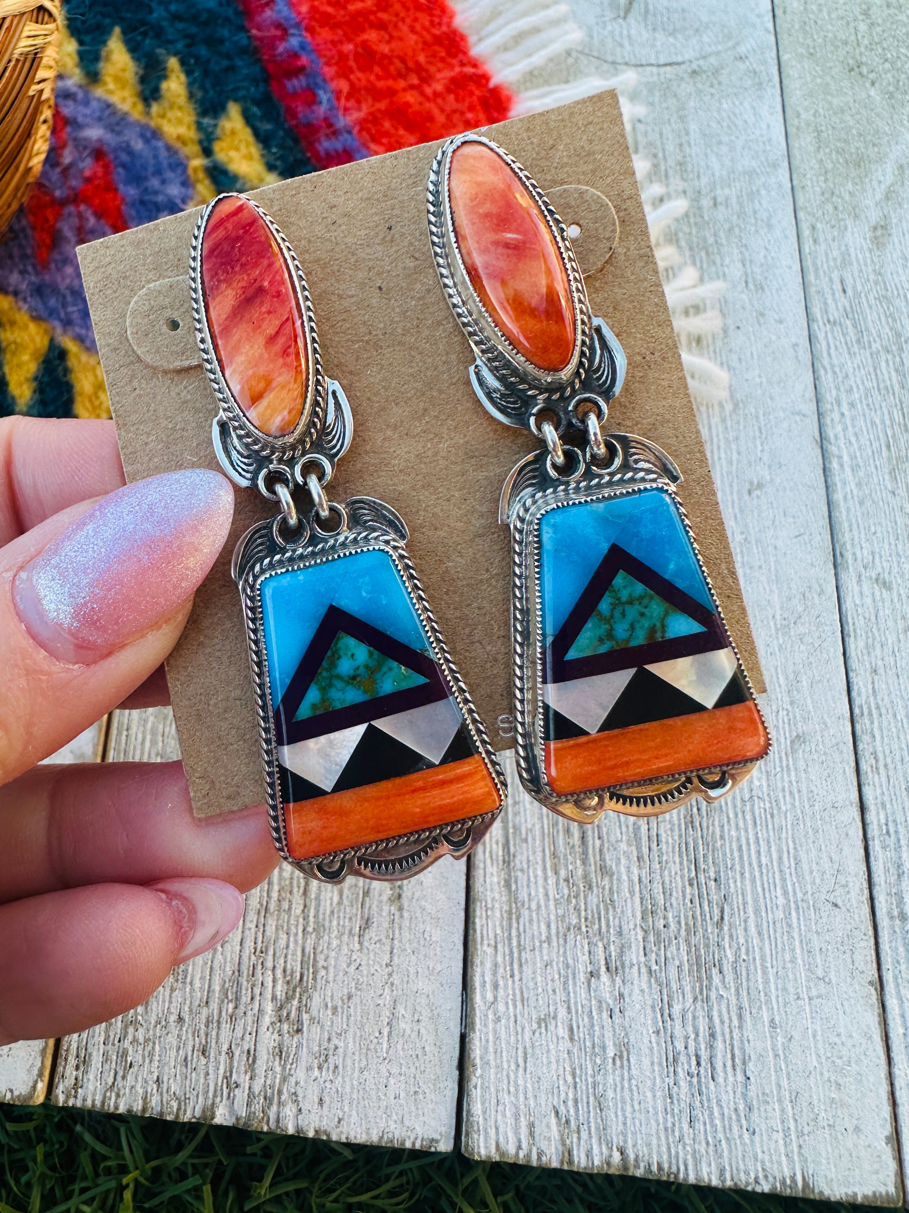 Aldrich Art Jewelry Multi Stone And Sterling Silver Inlay Dangle Earrings