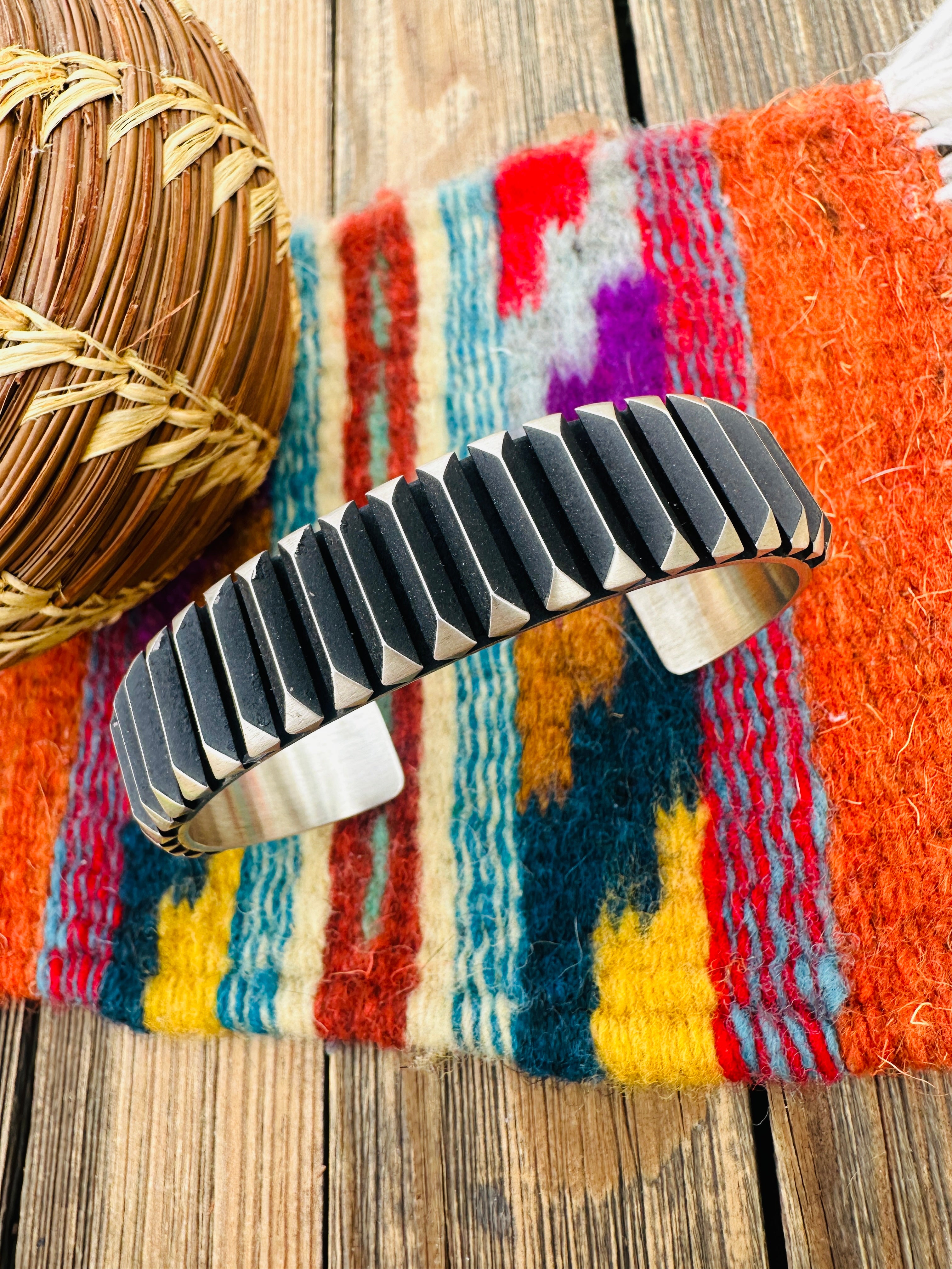 Hand Stamped Sterling Silver Cuff Bracelet by Leander Tahe