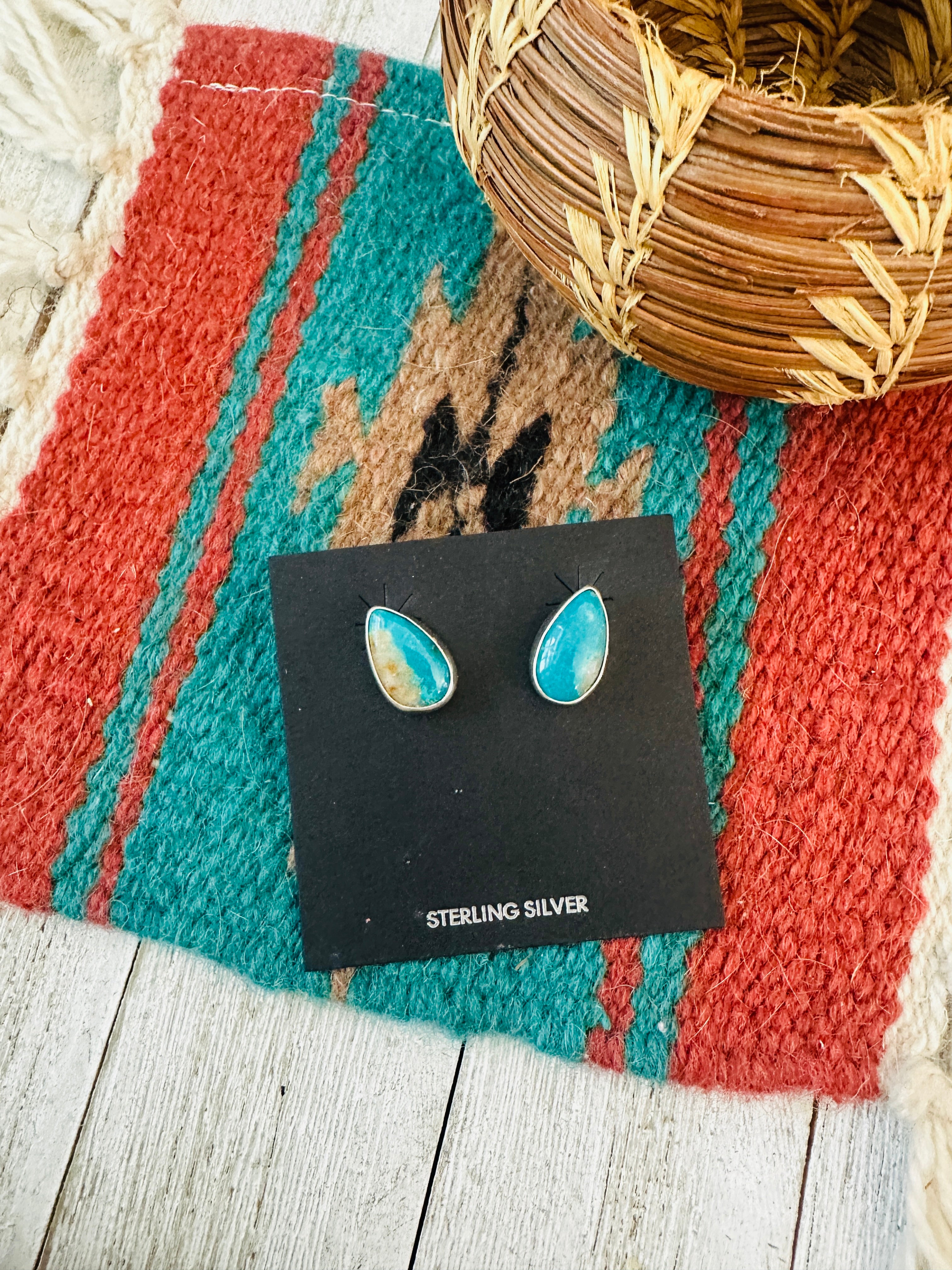 Handcrafted Turquoise & Sterling Silver Teardrop Stud Post Earrings