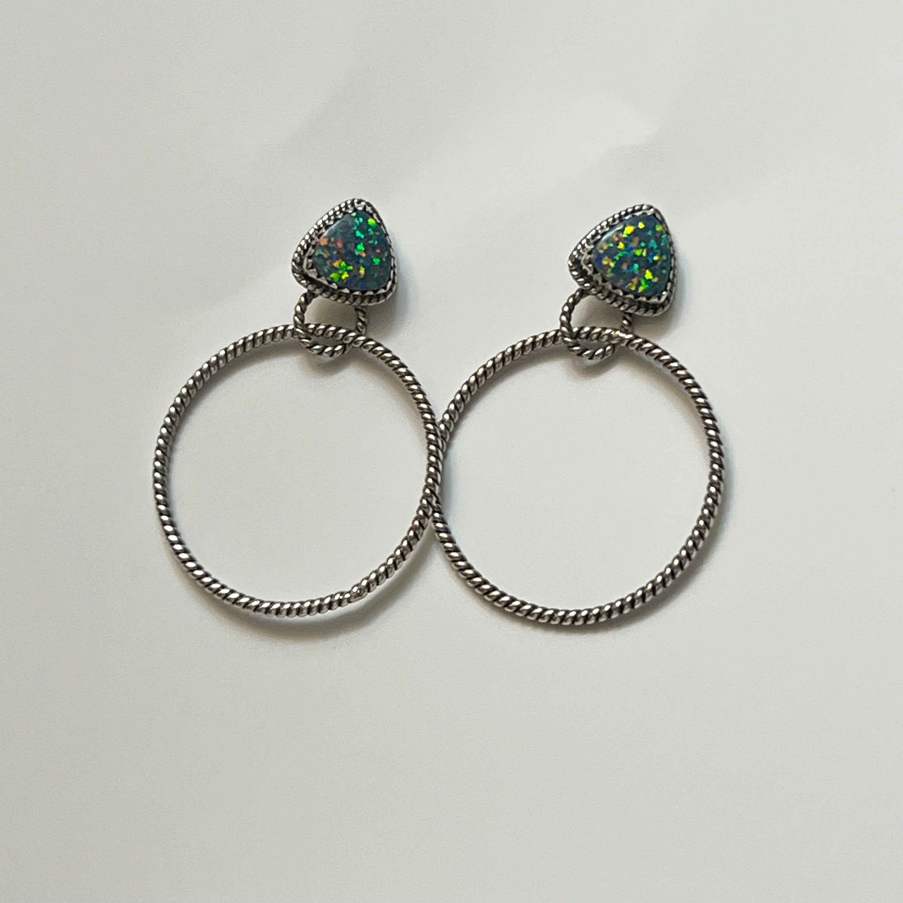 Handmade Blue Speckled Opal Sterling Silver Hoop Earrings