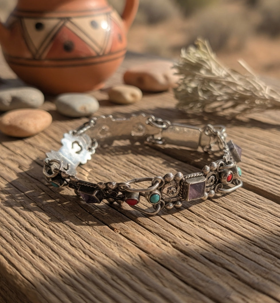 Turquoise, Amethyst, and Coral Intricate Sterling Silver Bracelet