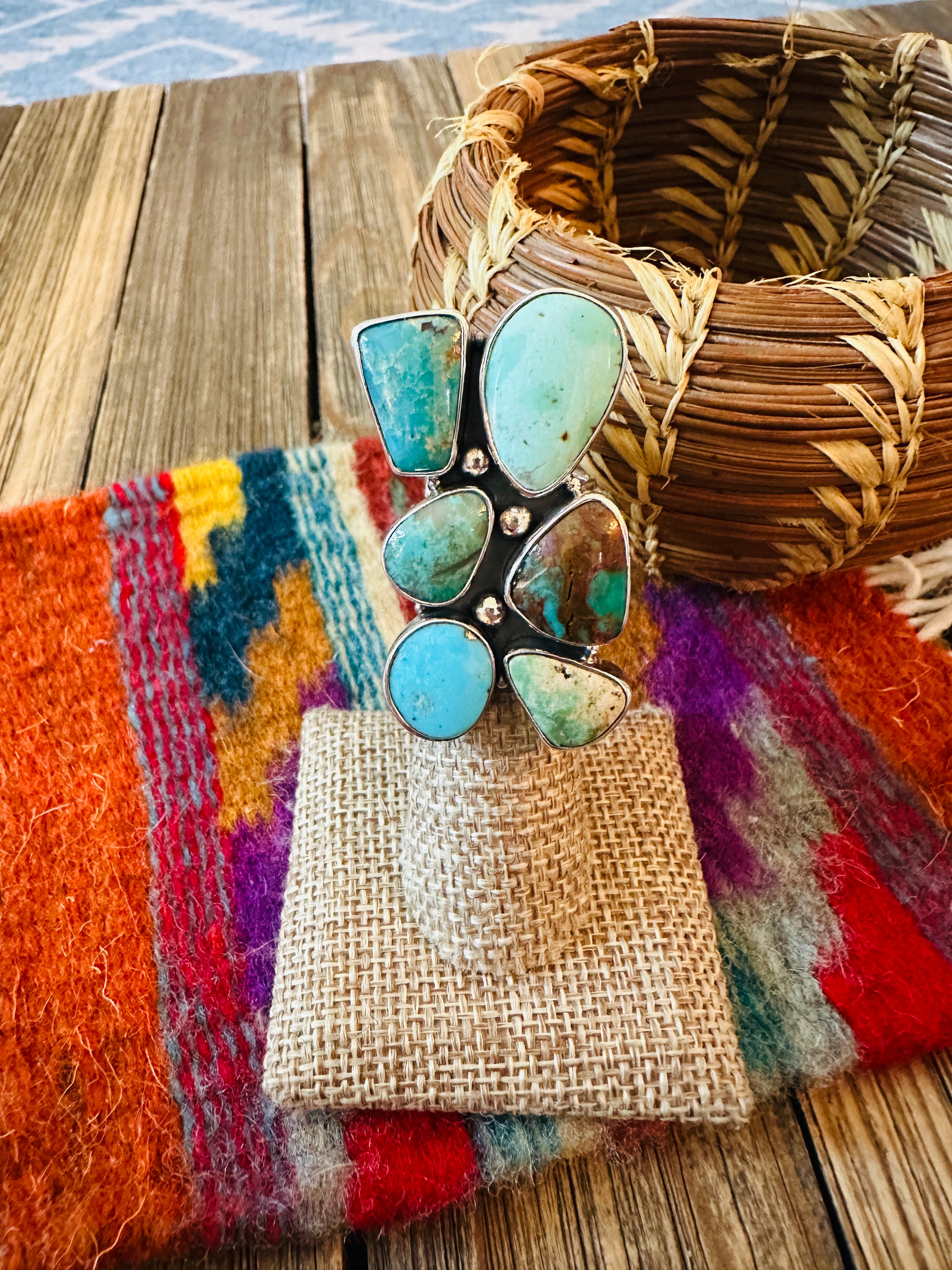 Handcrafted Turquoise & Sterling Silver Cluster Adjustable Ring