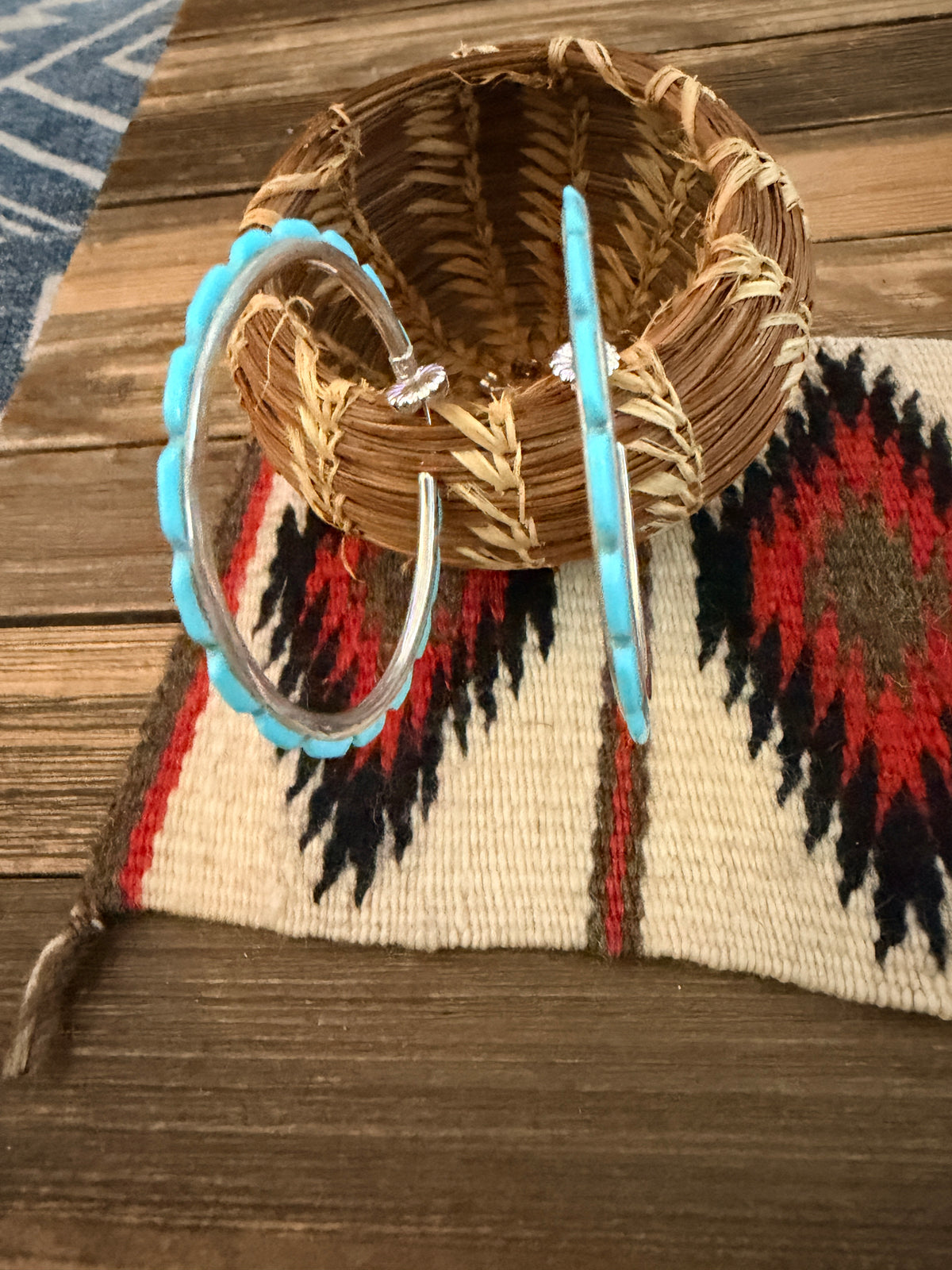 Handcrafted Turquoise & Sterling Silver Hoop Earrings by Federico Jimenez