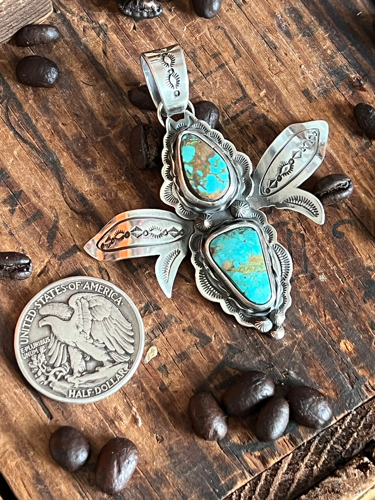 Handcrafted Sterling Silver and Turquoise Winged Bug Pendant by Kimari Somers