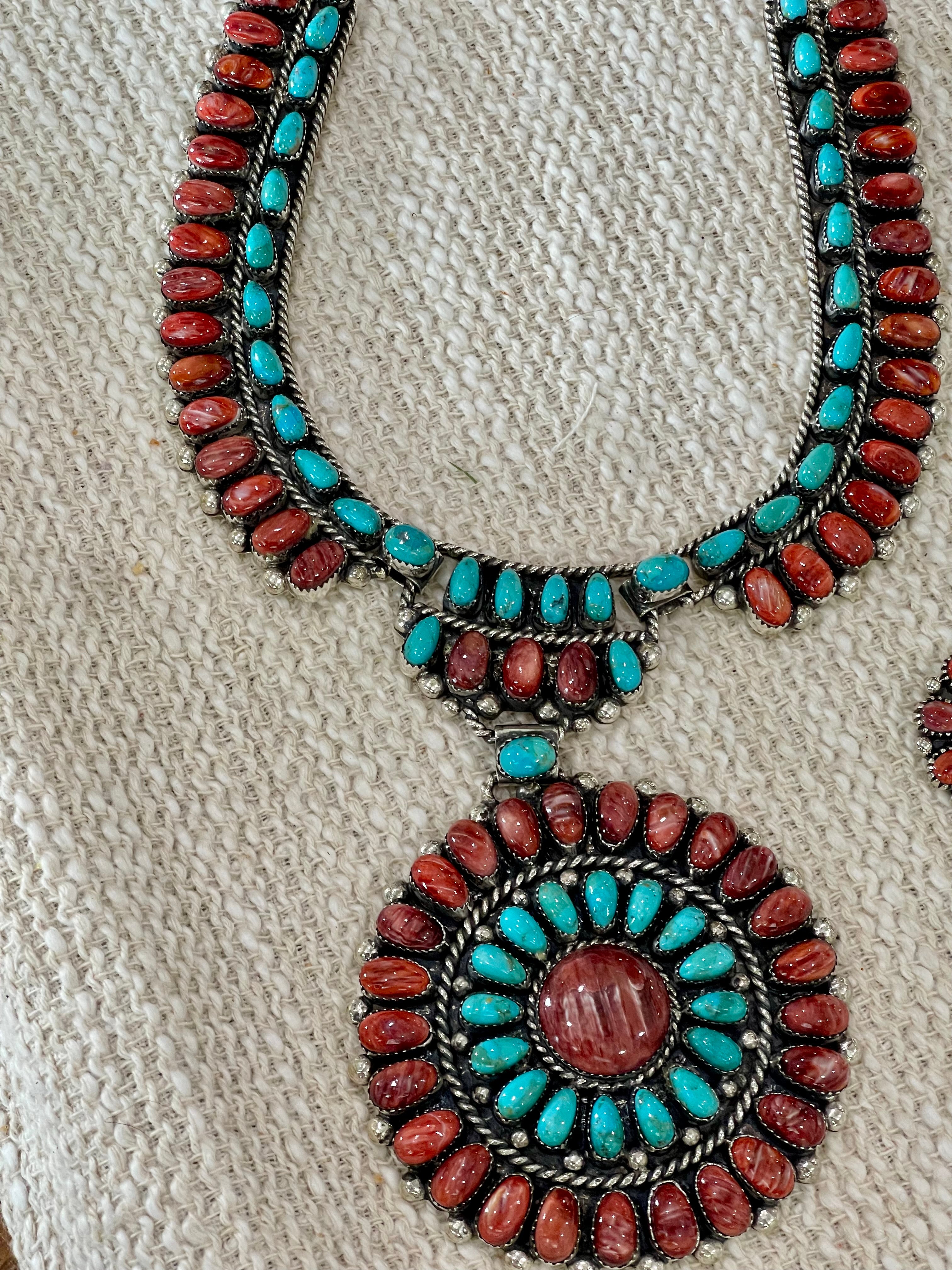 Beautiful Handmade Sterling Silver, Turquoise & Red Spiny Cluster Necklace And Earring Set