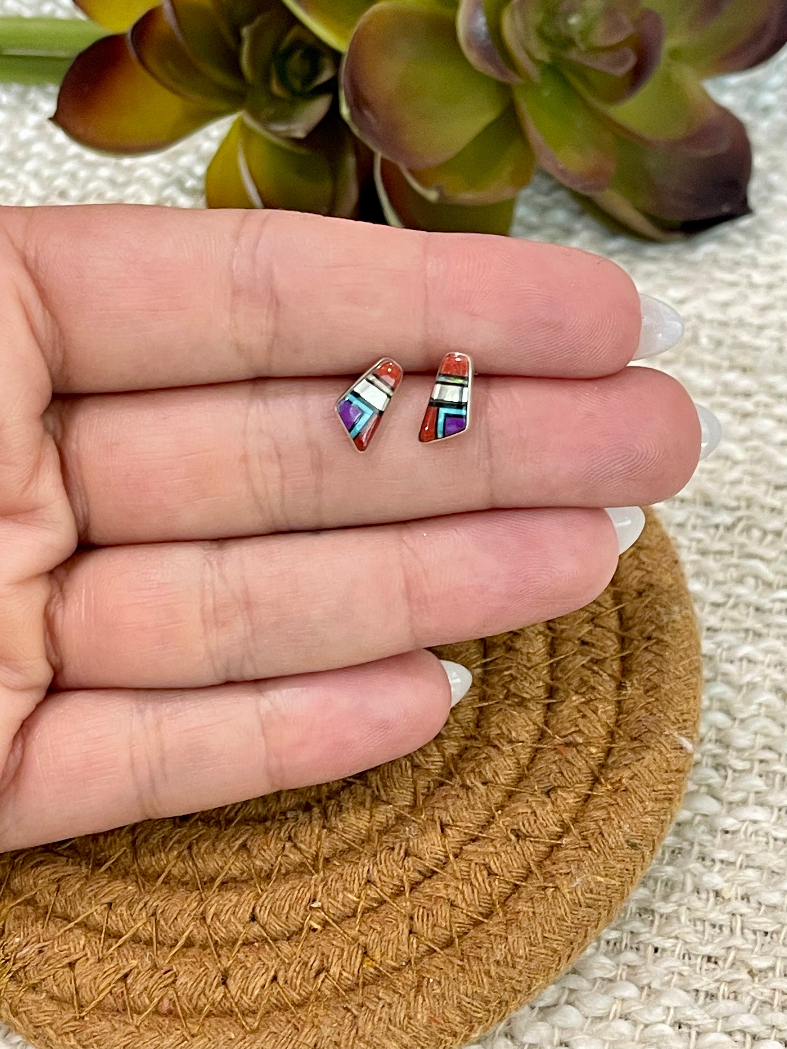 Beautiful Handmade Sterling Silver & Multi Stone Inlay Stud Earrings