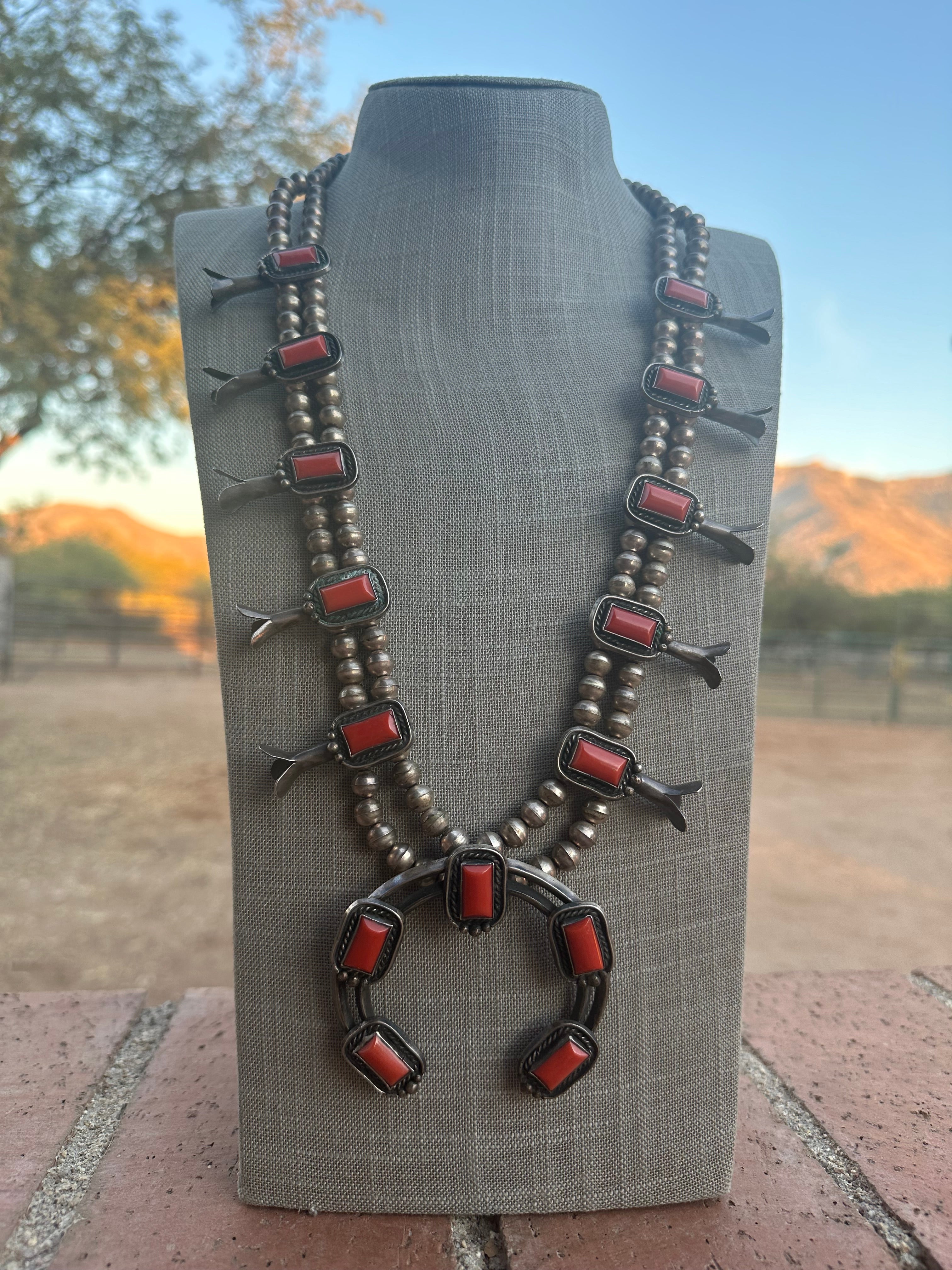 Vintage Navajo Coral & Sterling Silver Squash Blossom Necklace