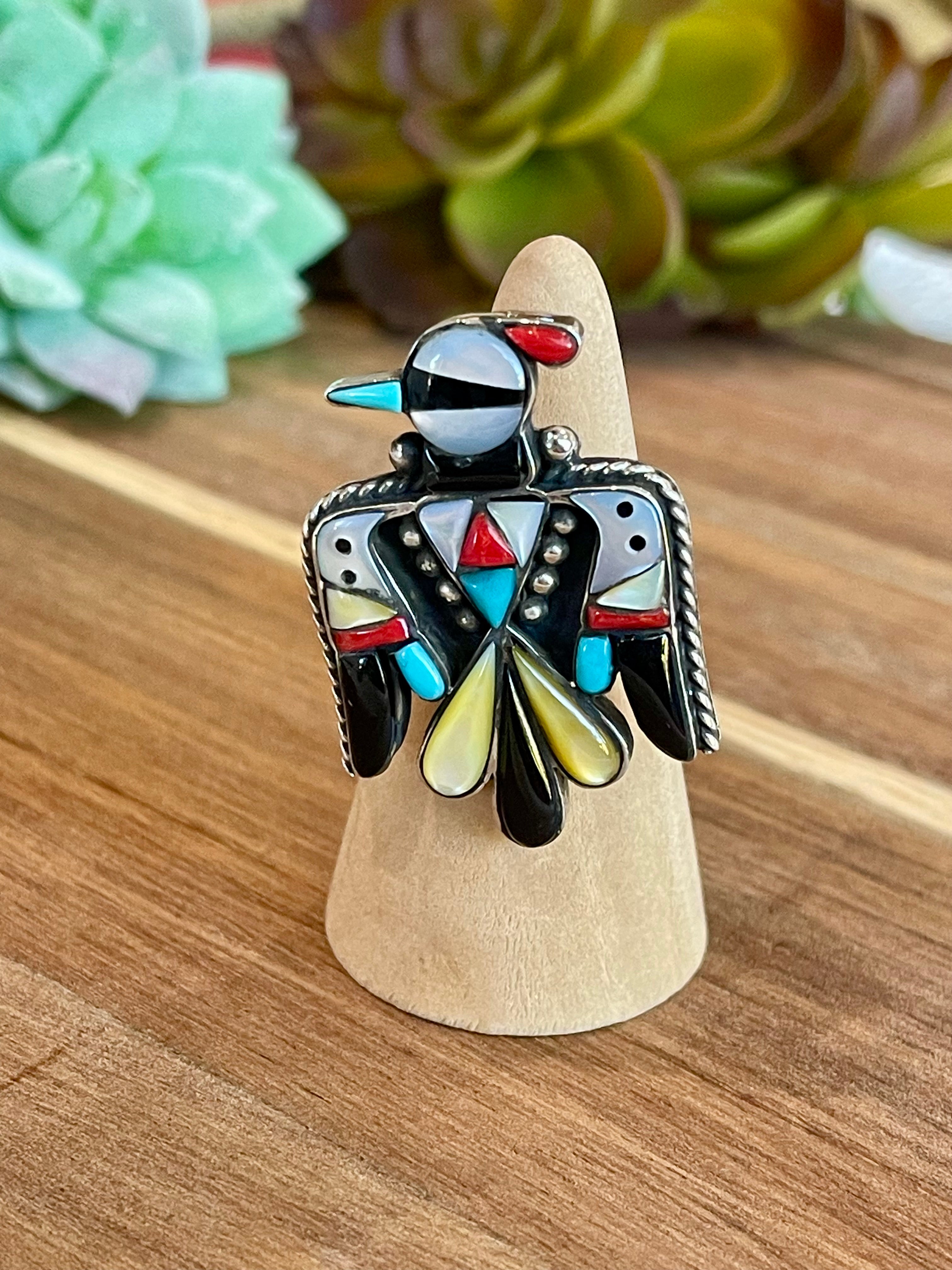 Handmade Multi Stone And Sterling Silver Thunderbird Adjustable Ring