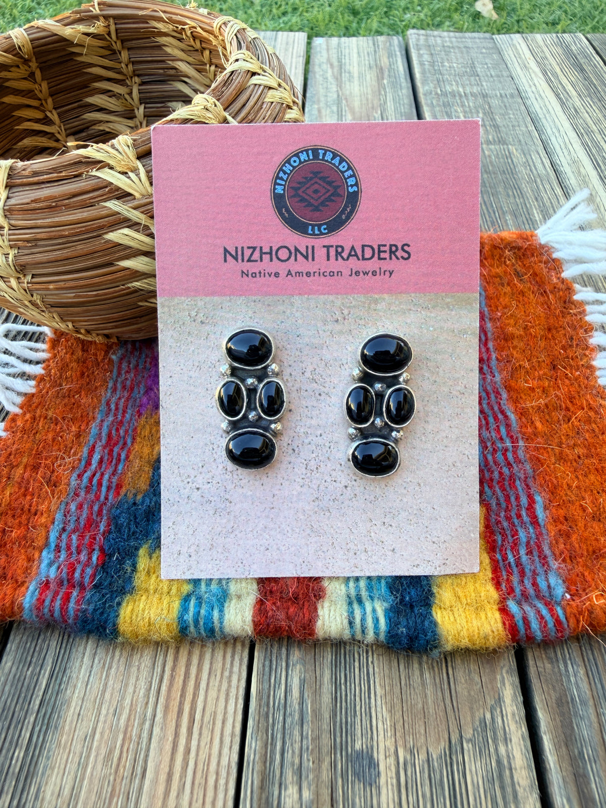 Handcrafted Onyx & Sterling Silver Cluster Stud Earrings