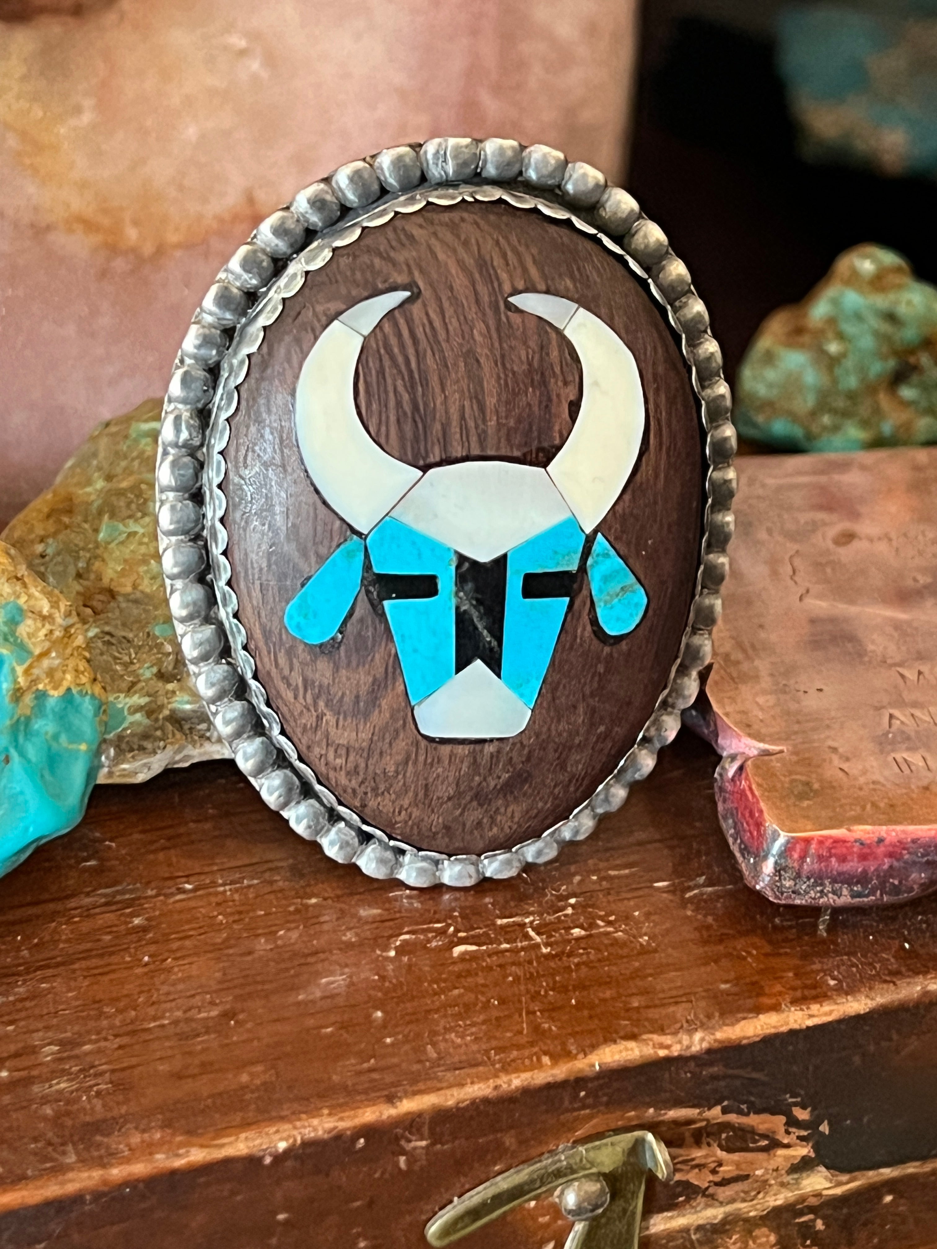 Vintage Sterling Silver and Wood Ring with Turquoise and Mother of Pearl Inlay Steer Head, Size 10.5