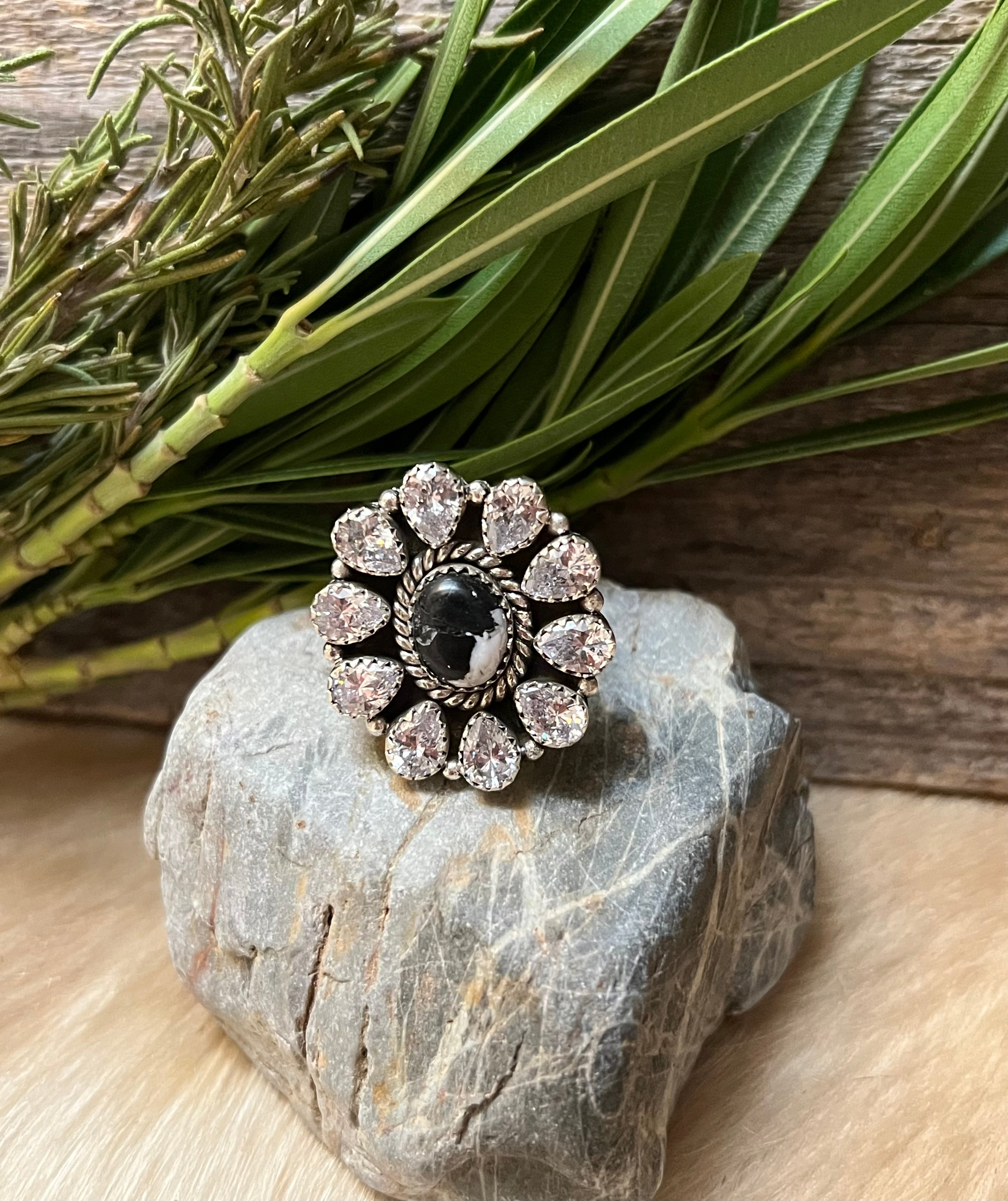 Handmade White Buffalo & CZ Sterling Silver Adjustable Ring