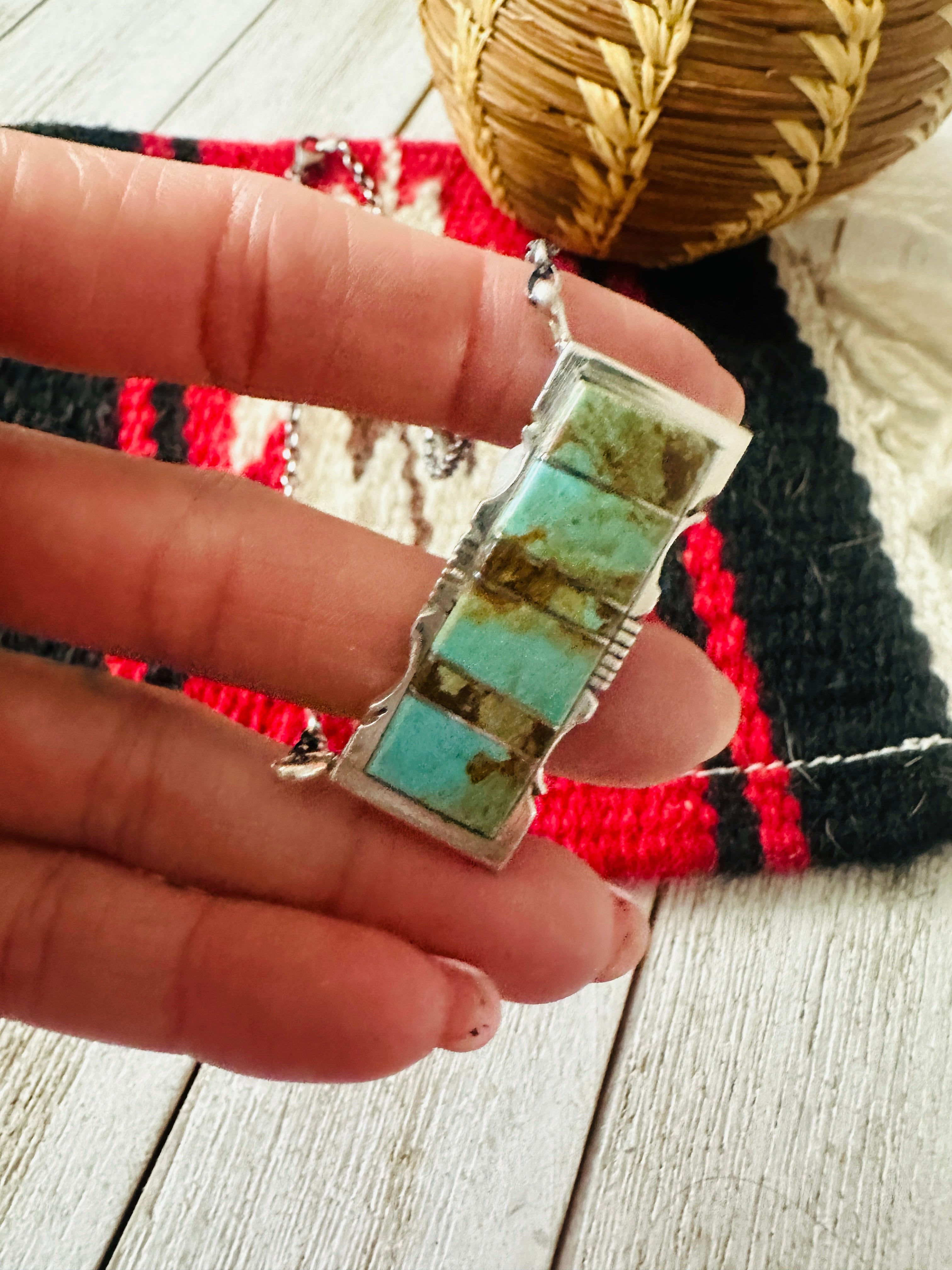 Navajo Turquoise & Sterling Silver Inlay Bar Necklace