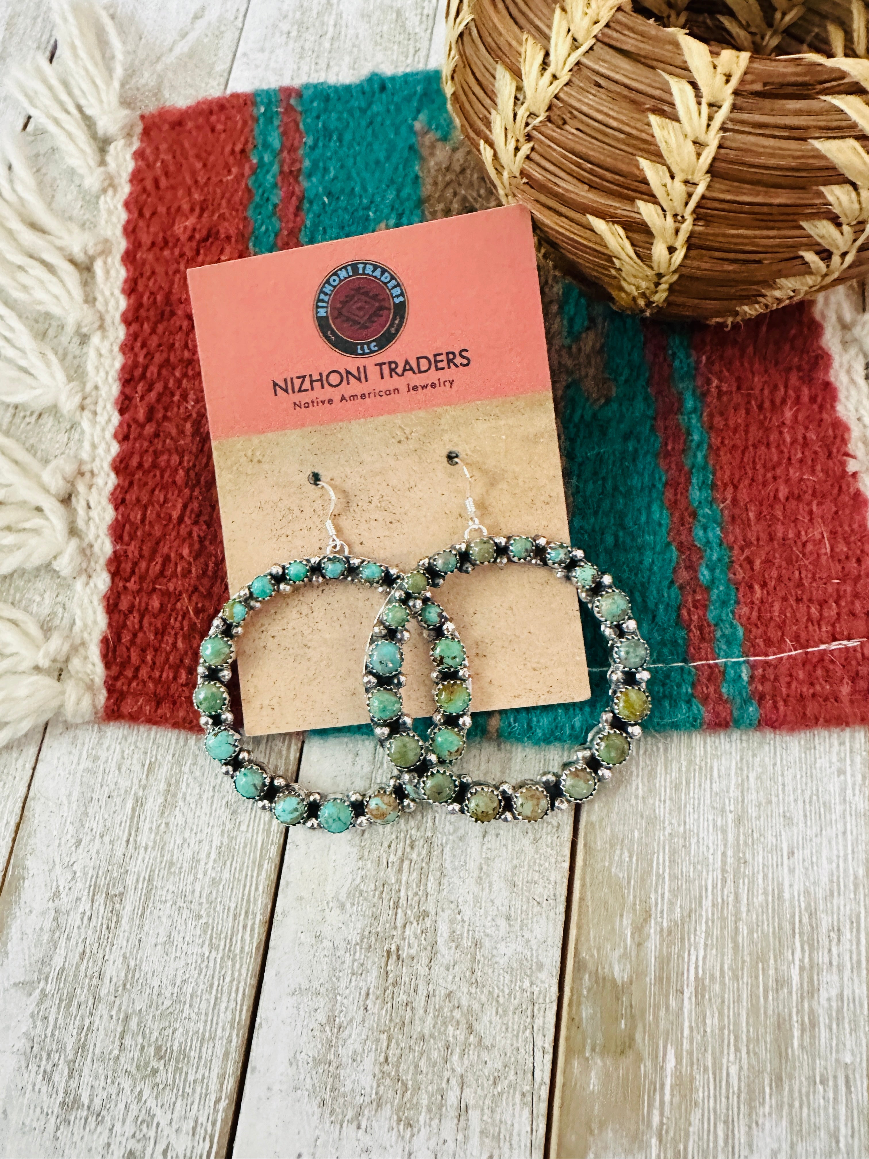 Navajo Turquoise and Sterling Silver Dangle Hoop Earrings