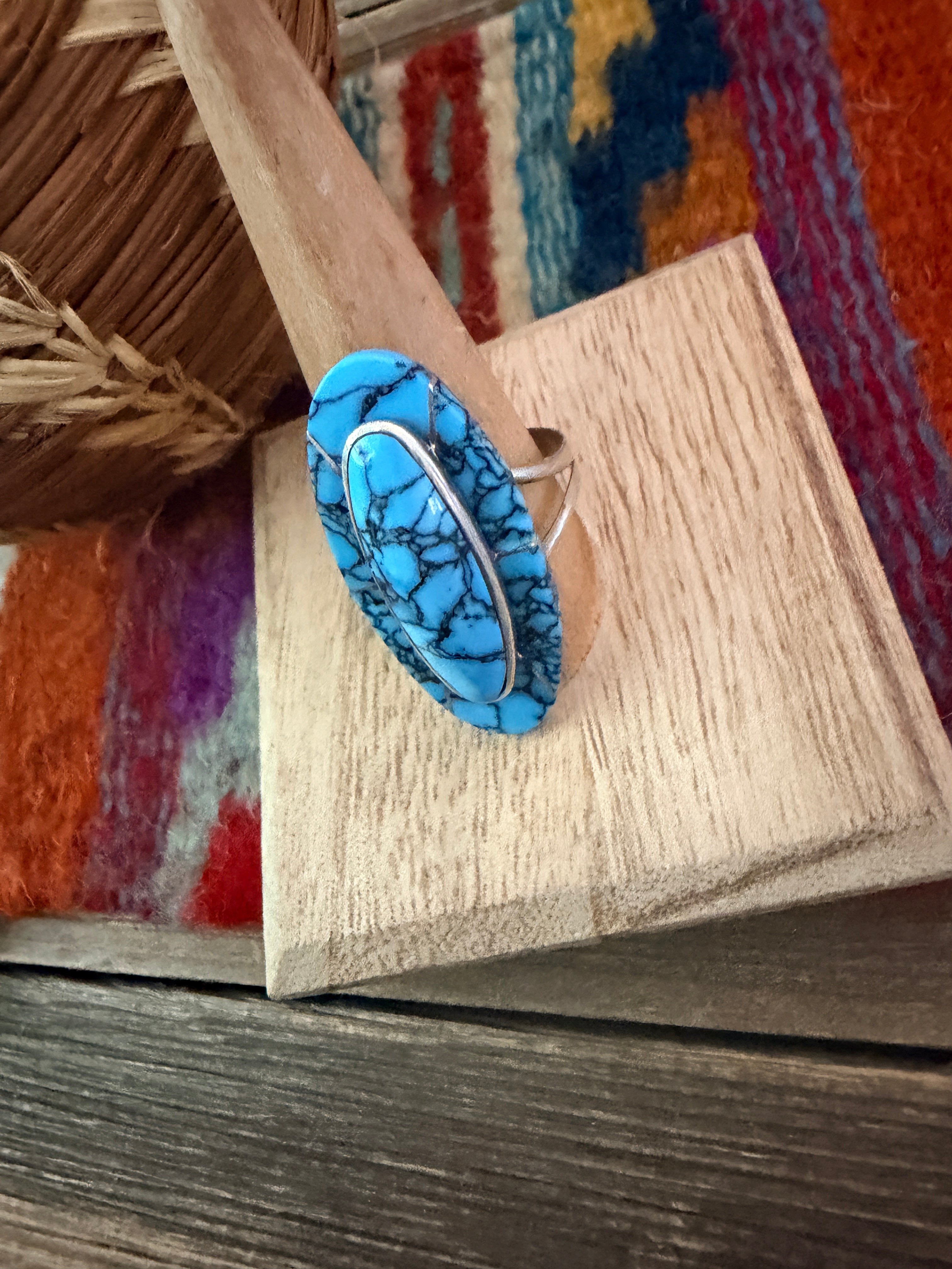 Old Pawn Handcrafted Turquoise & Sterling Silver Inlay Ring Size 11.5