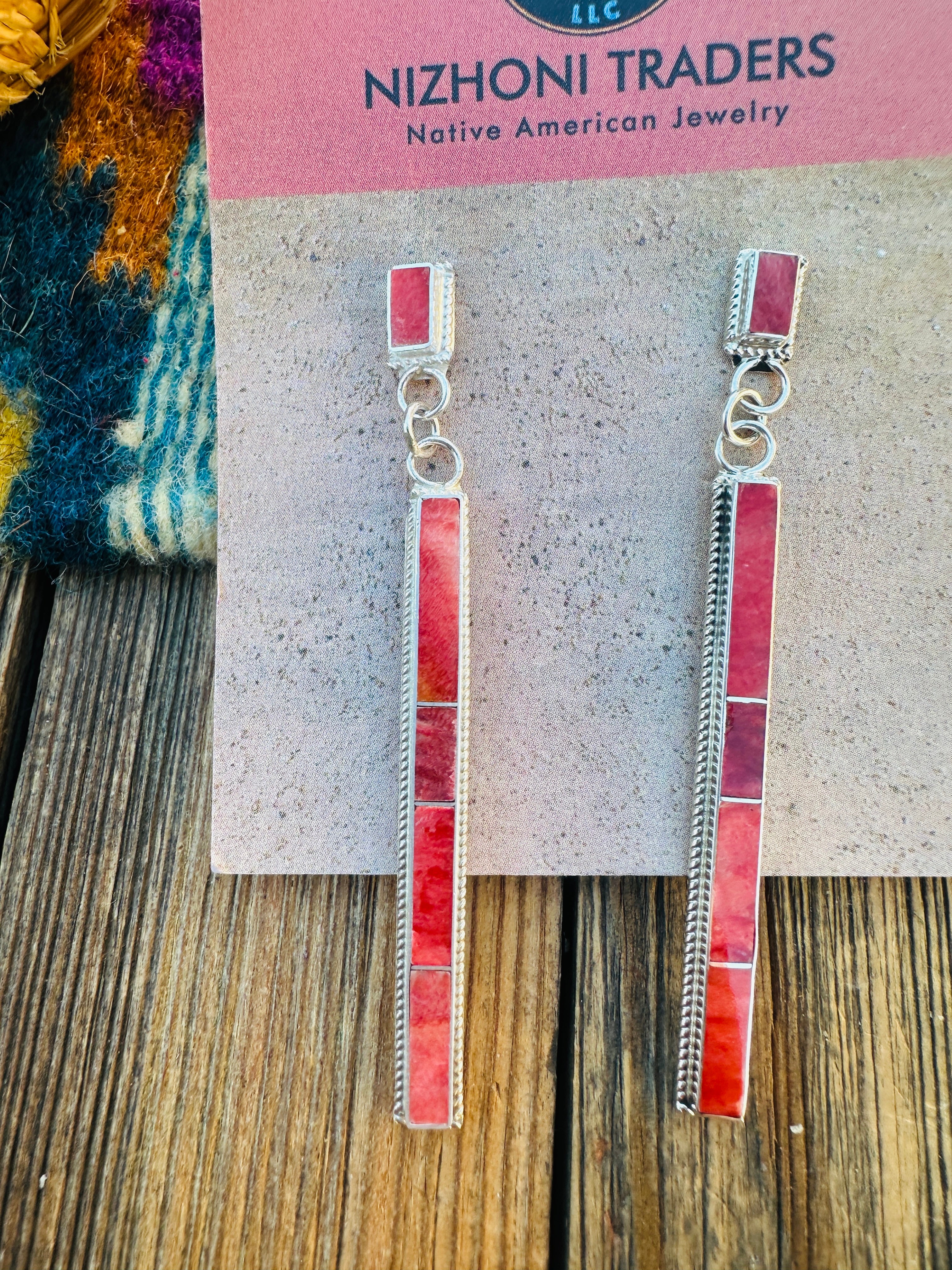 Handcrafted Spiny Oyster & Sterling Silver Inlay Dangle Earrings