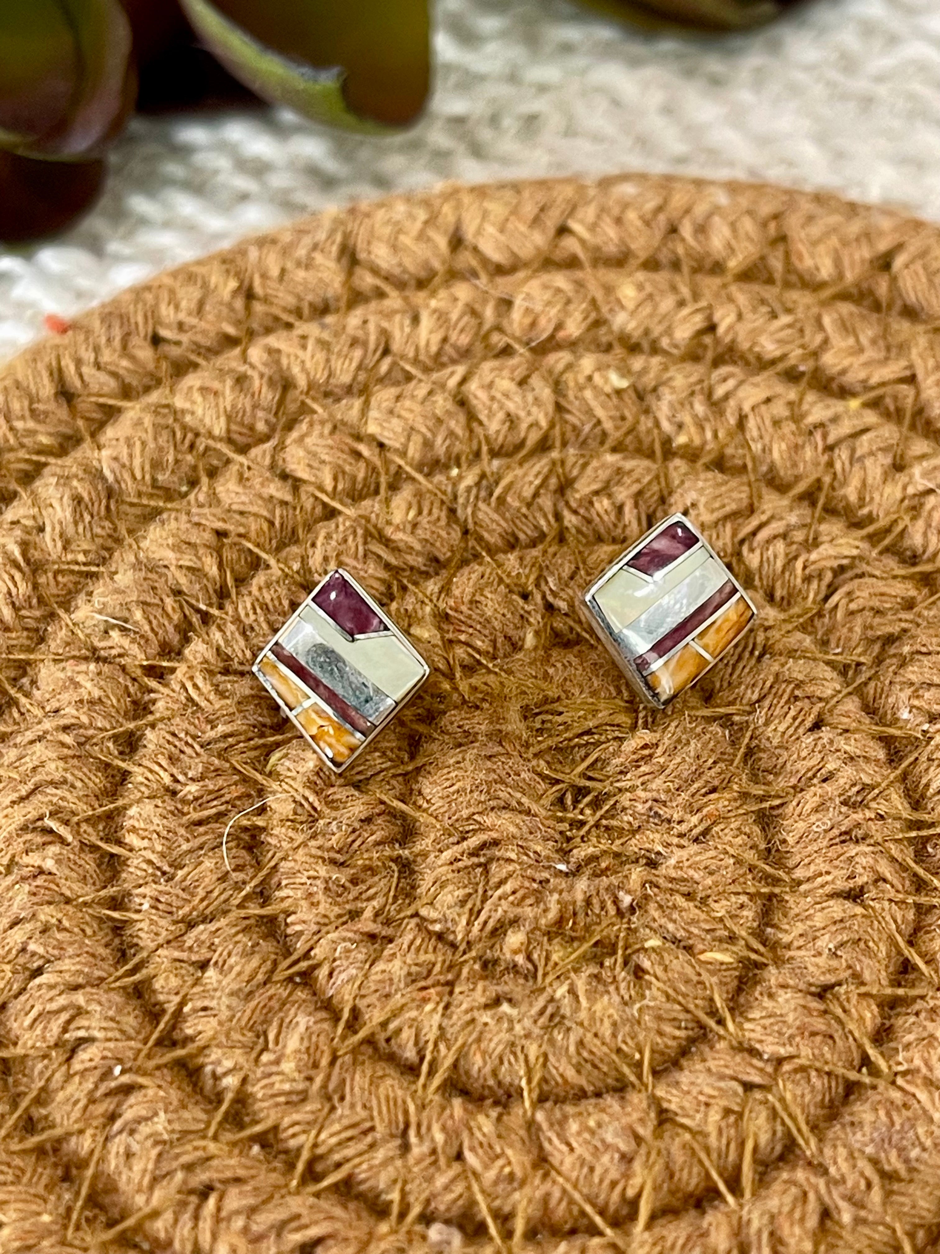 Beautiful Handmade Sterling Silver & Multi Stone Inlay Stud Earrings