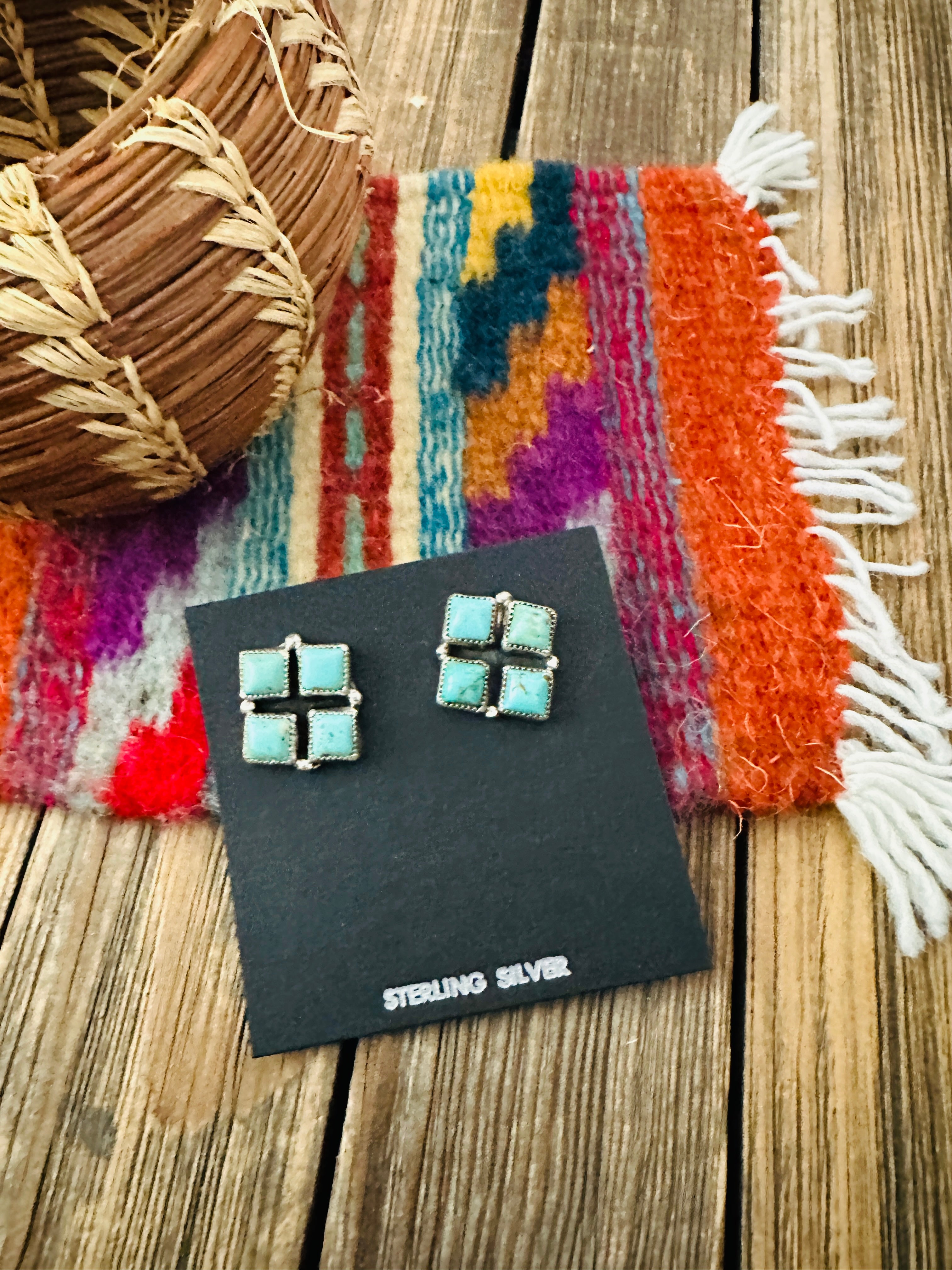 Handcrafted Turquoise & Sterling Silver Cluster Post Earrings