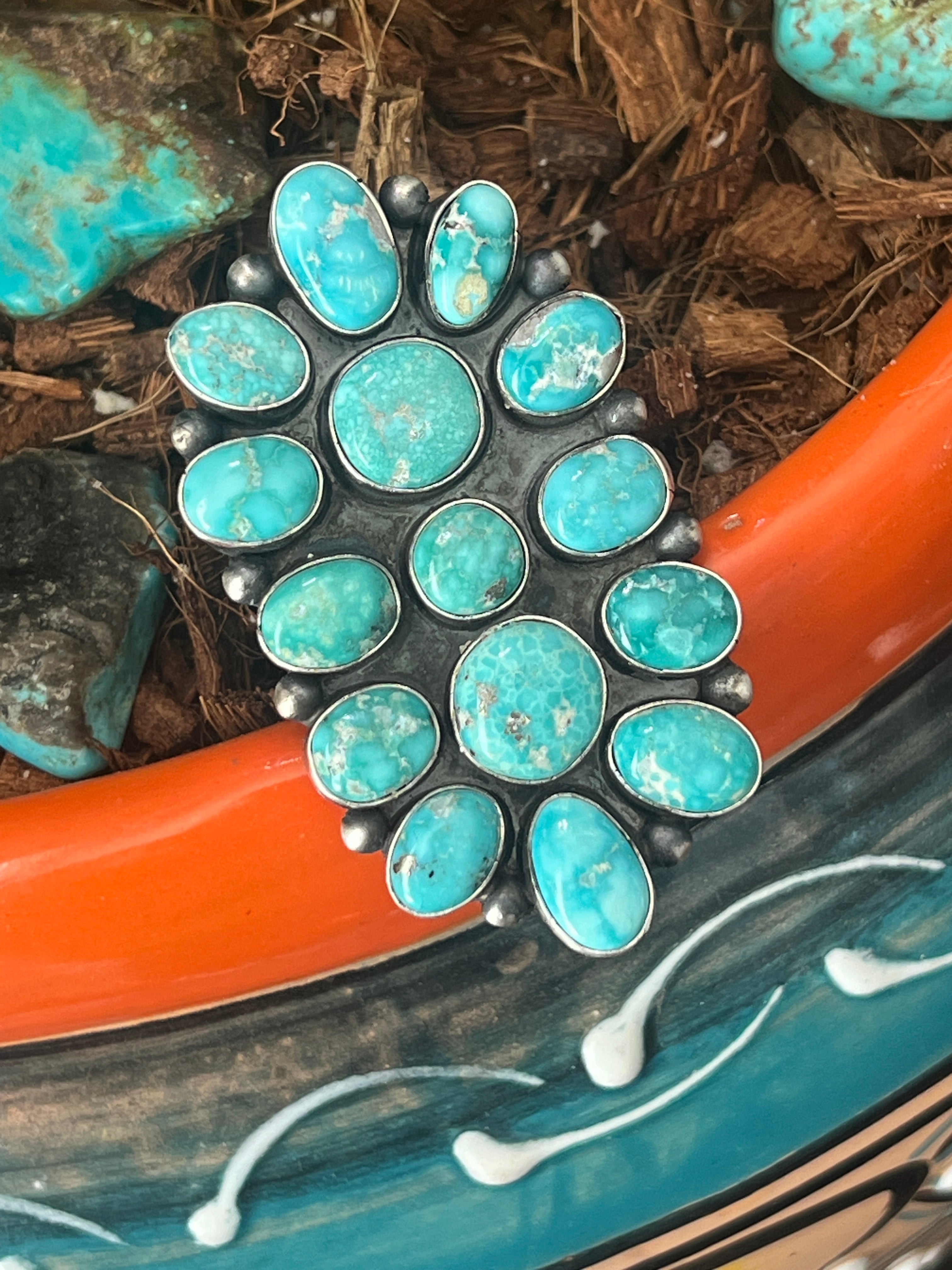 Handcrafted Paul Livingston Sterling Silver and Campitos Turquoise Cluster Ring, Size 7