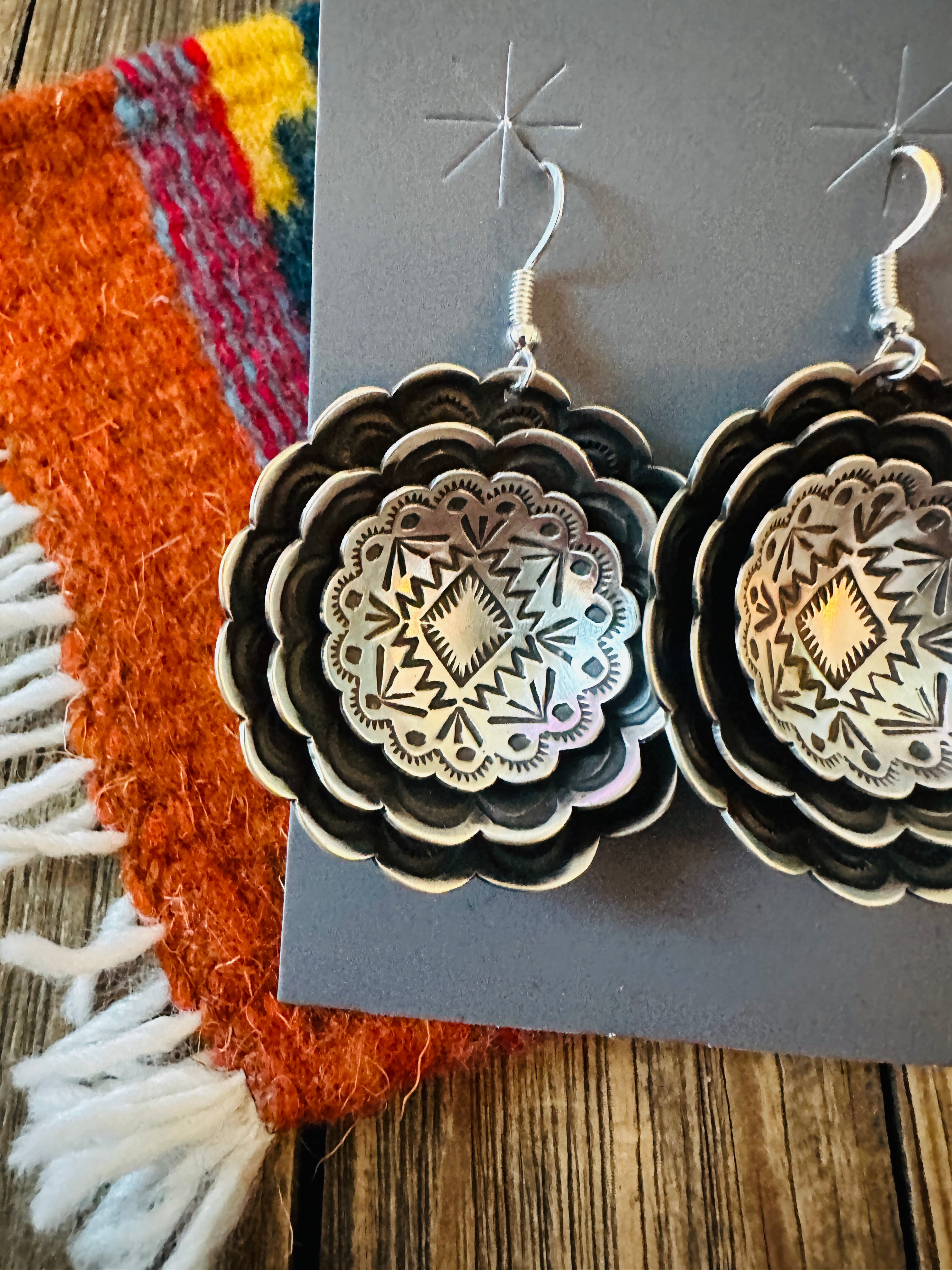 Handcrafted Sterling Silver Concho Dangle Earrings by Leander Tahe