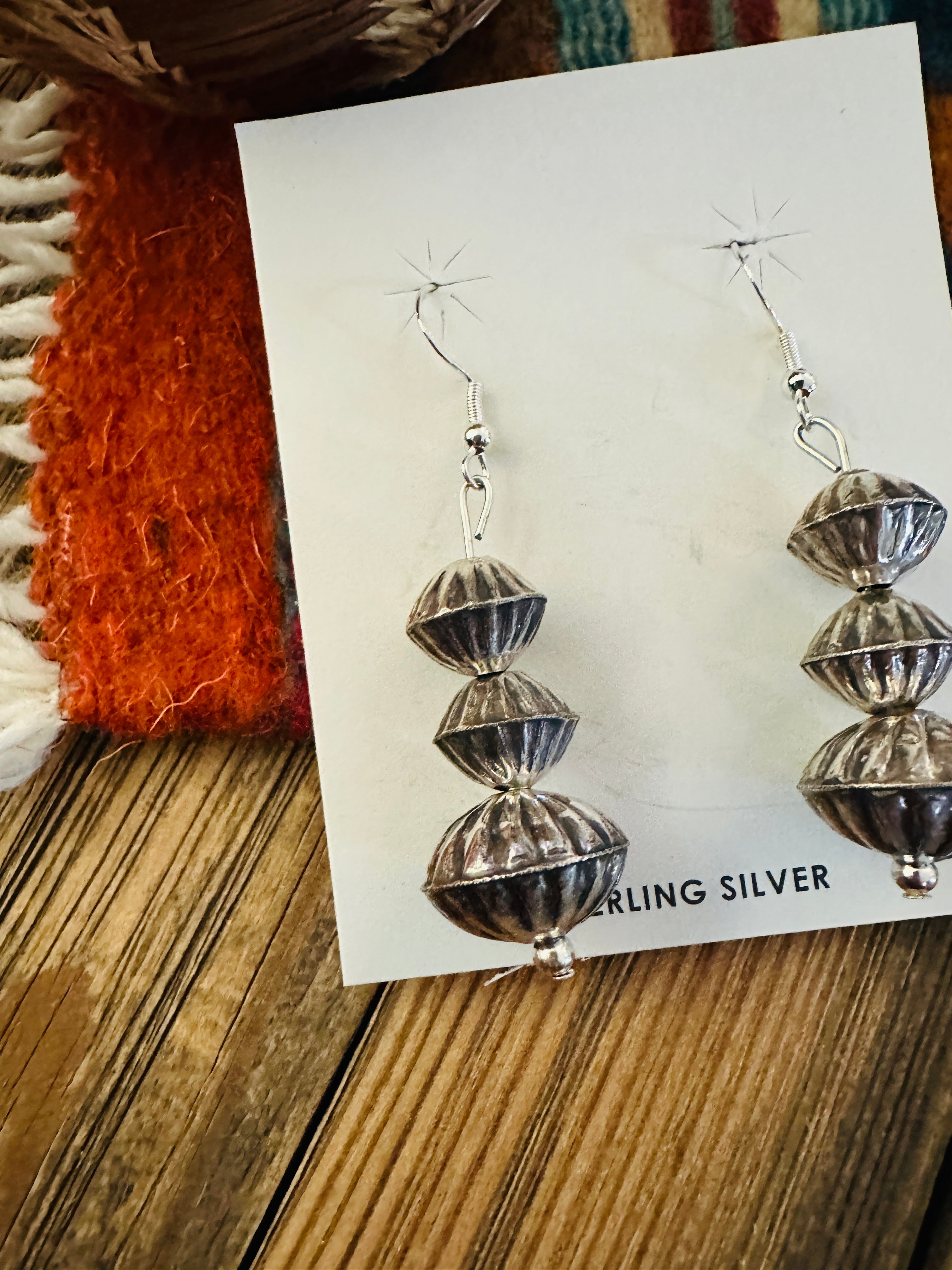 Hand Stamped Sterling Silver Beaded Dangle Earrings