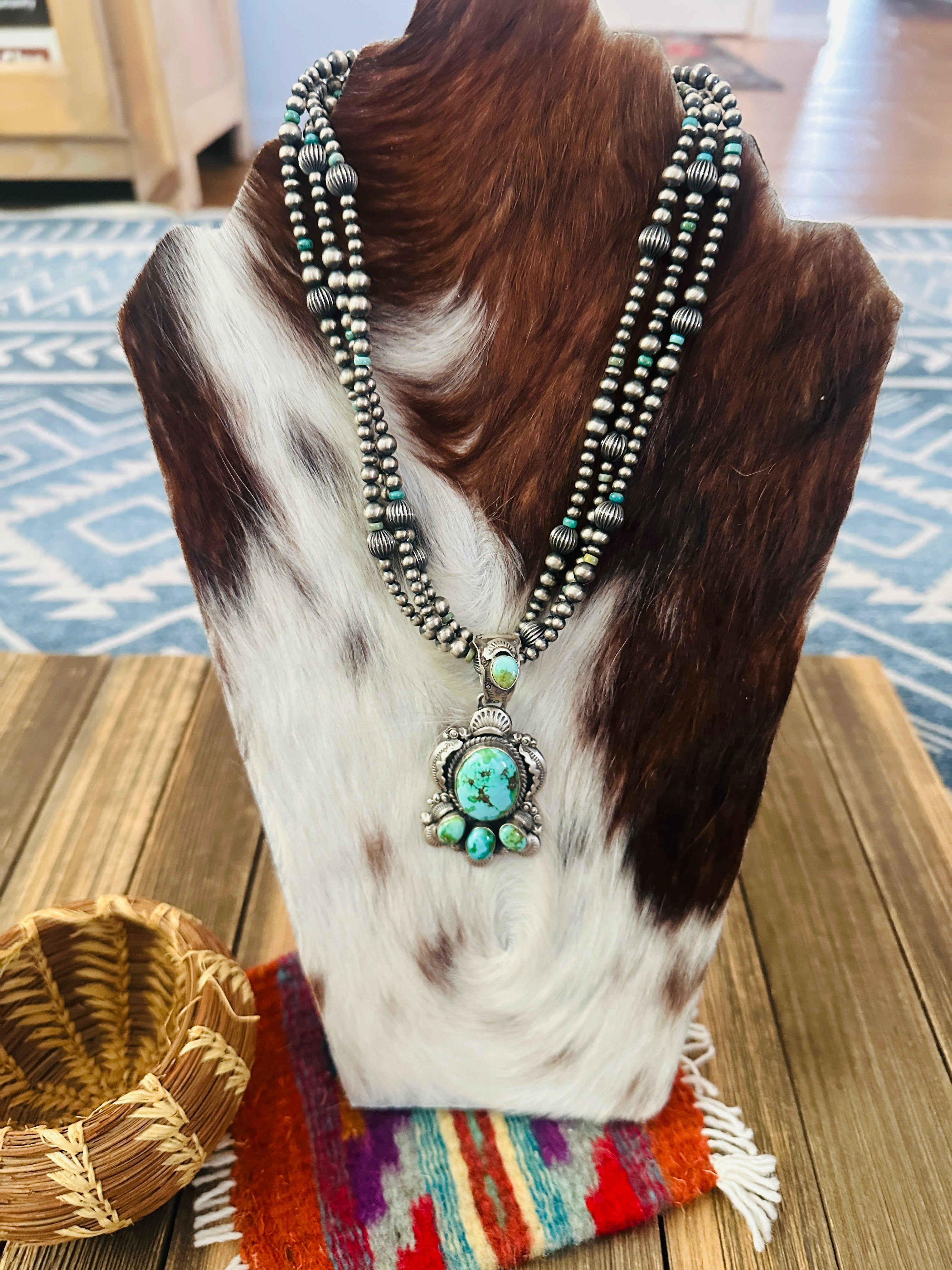 Handcrafted Sonoran Mountain Turquoise & Sterling Silver Beaded Necklace by Gilbert Tom