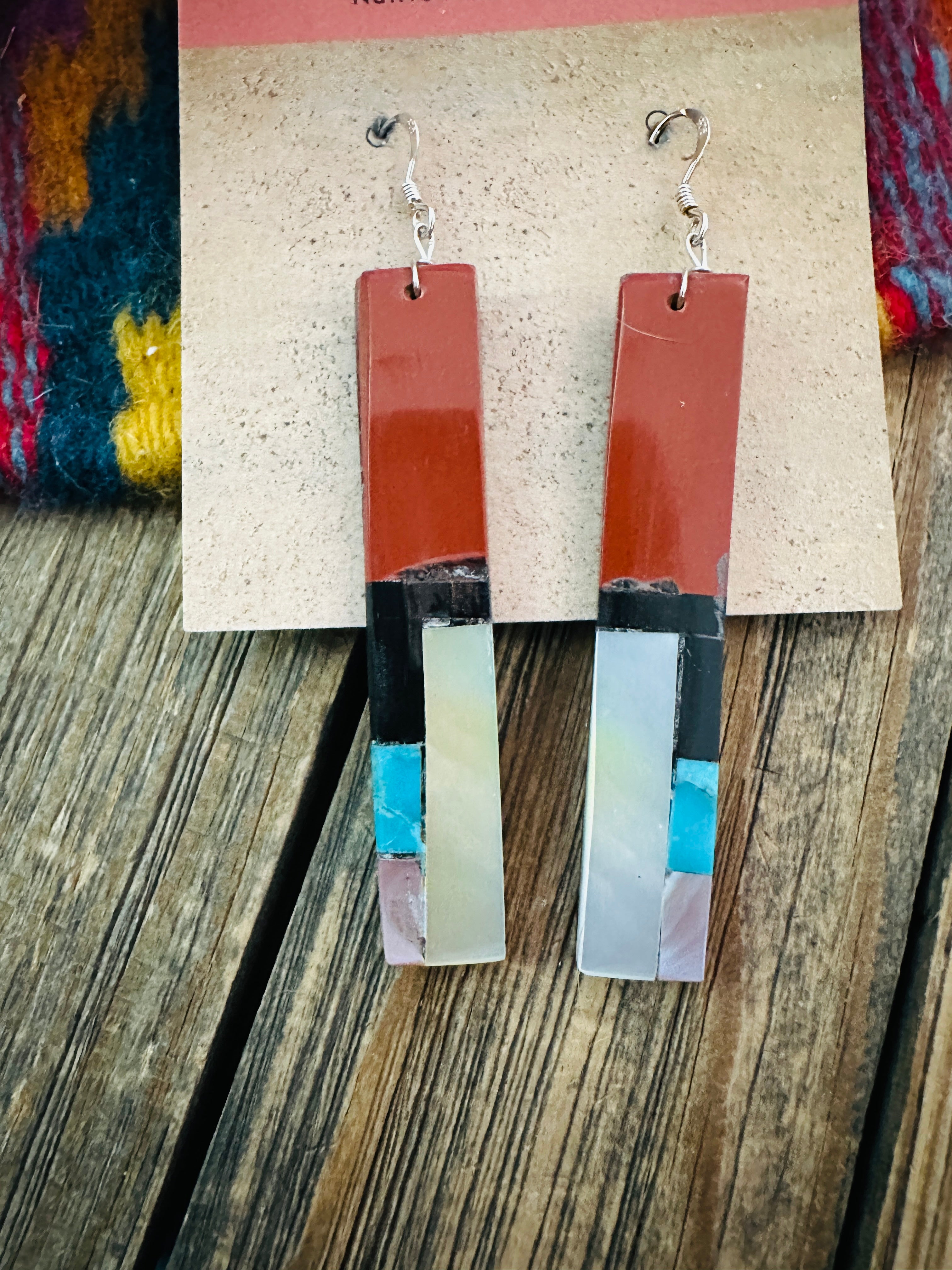 Handcrafted Multi Stone Inlay Slab Dangle Earrings