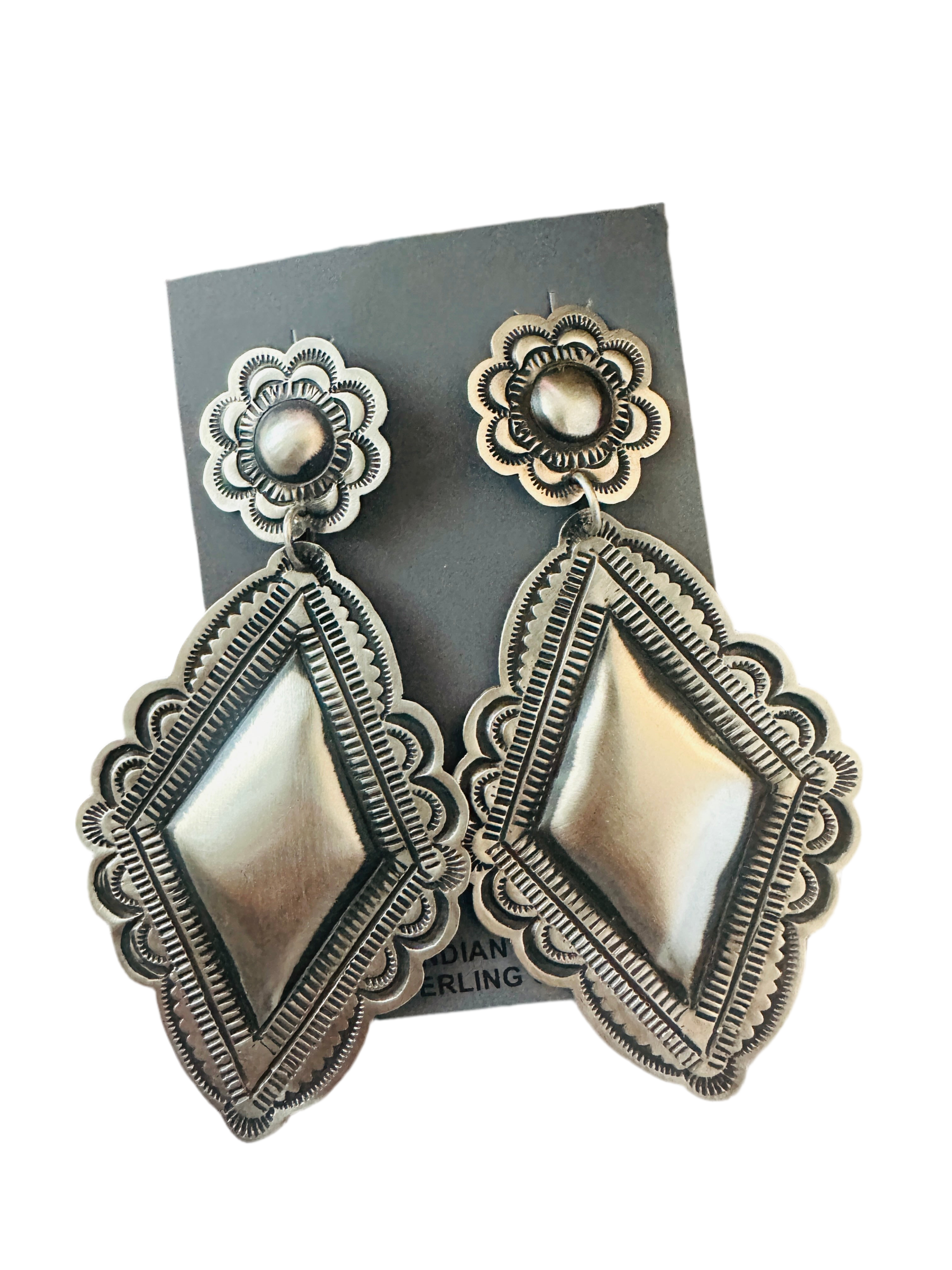 Handcrafted Sterling Silver Concho Dangle Earrings by Leander Tahe