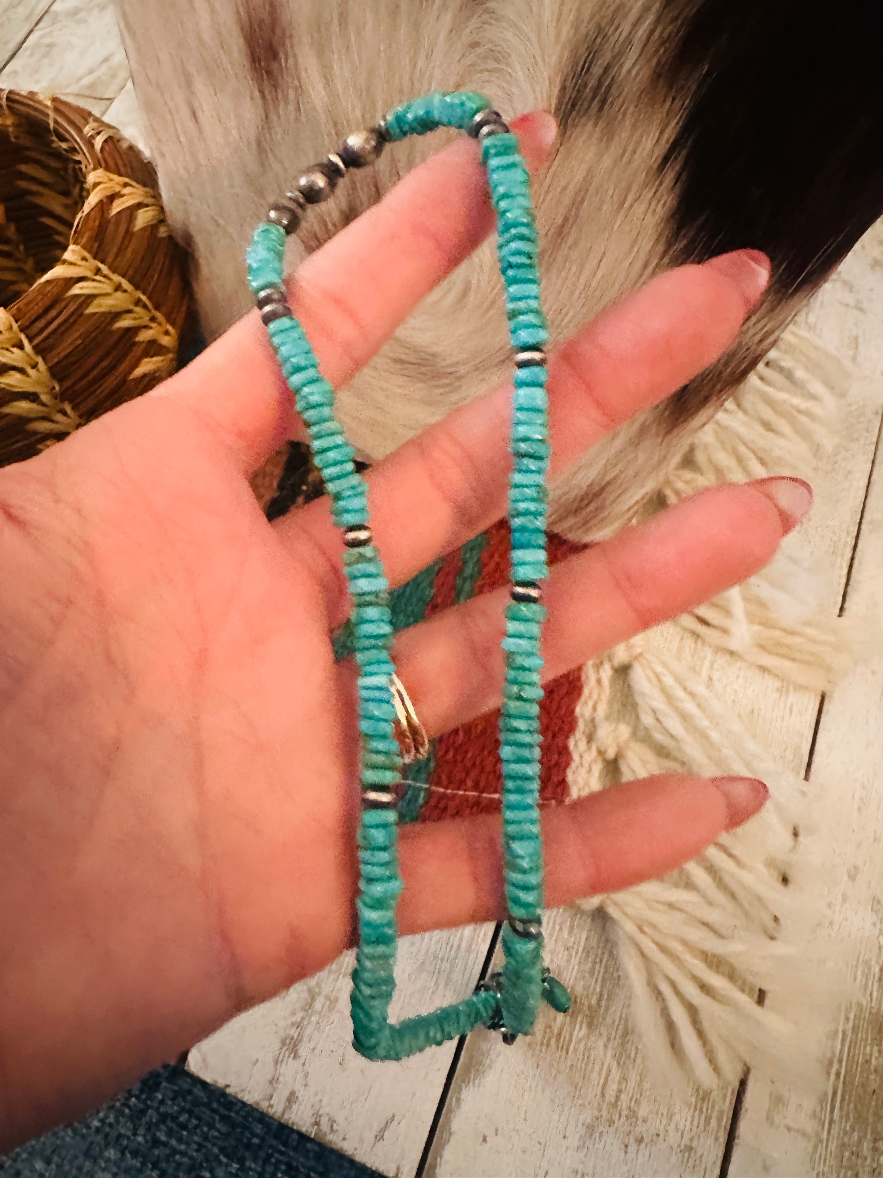 Handcrafted Turquoise & Sterling Silver Beaded Necklace 16”