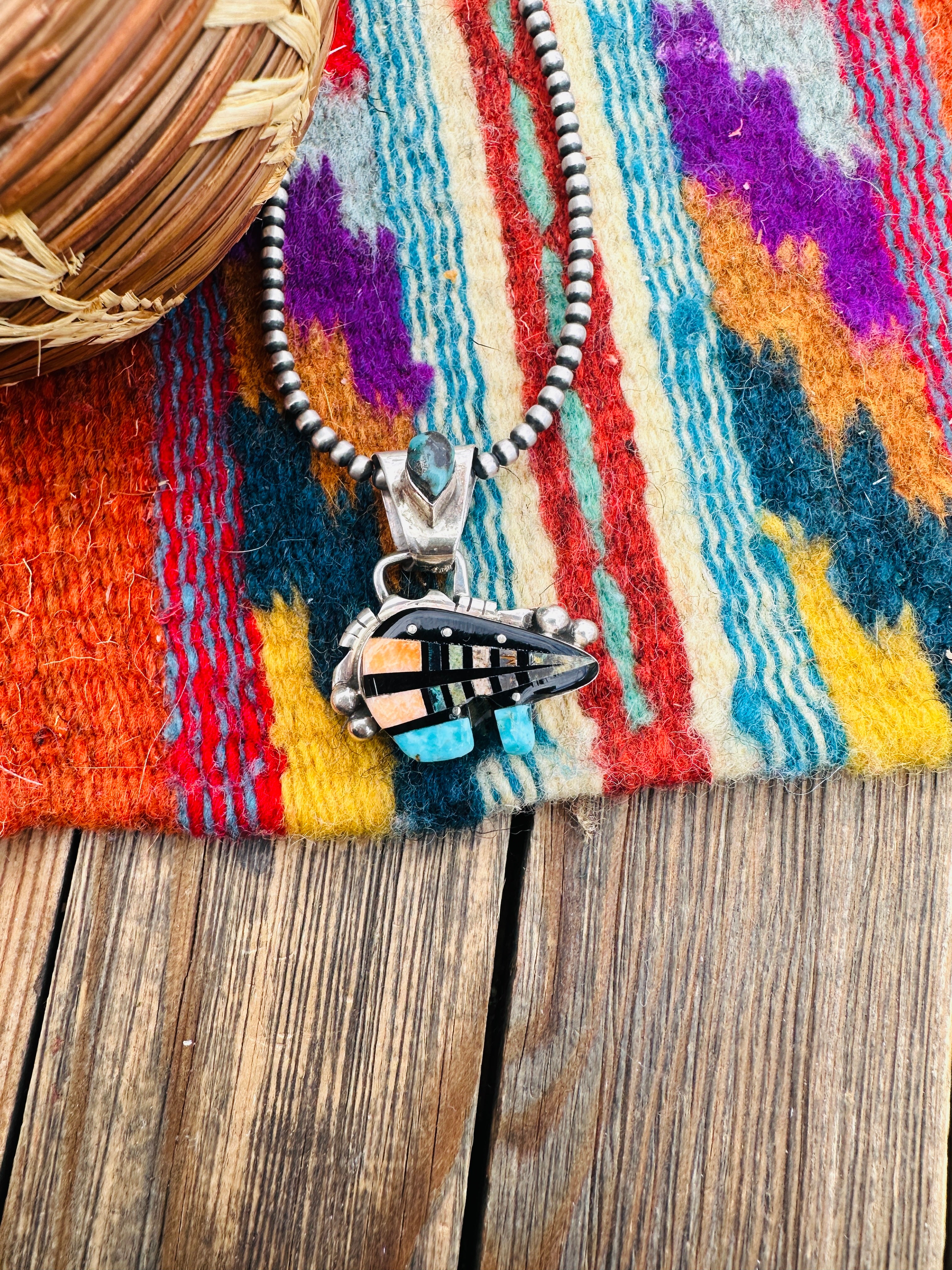 Handcrafted Sterling Silver and Multi Stone Inlay Pendant by Ray Jack