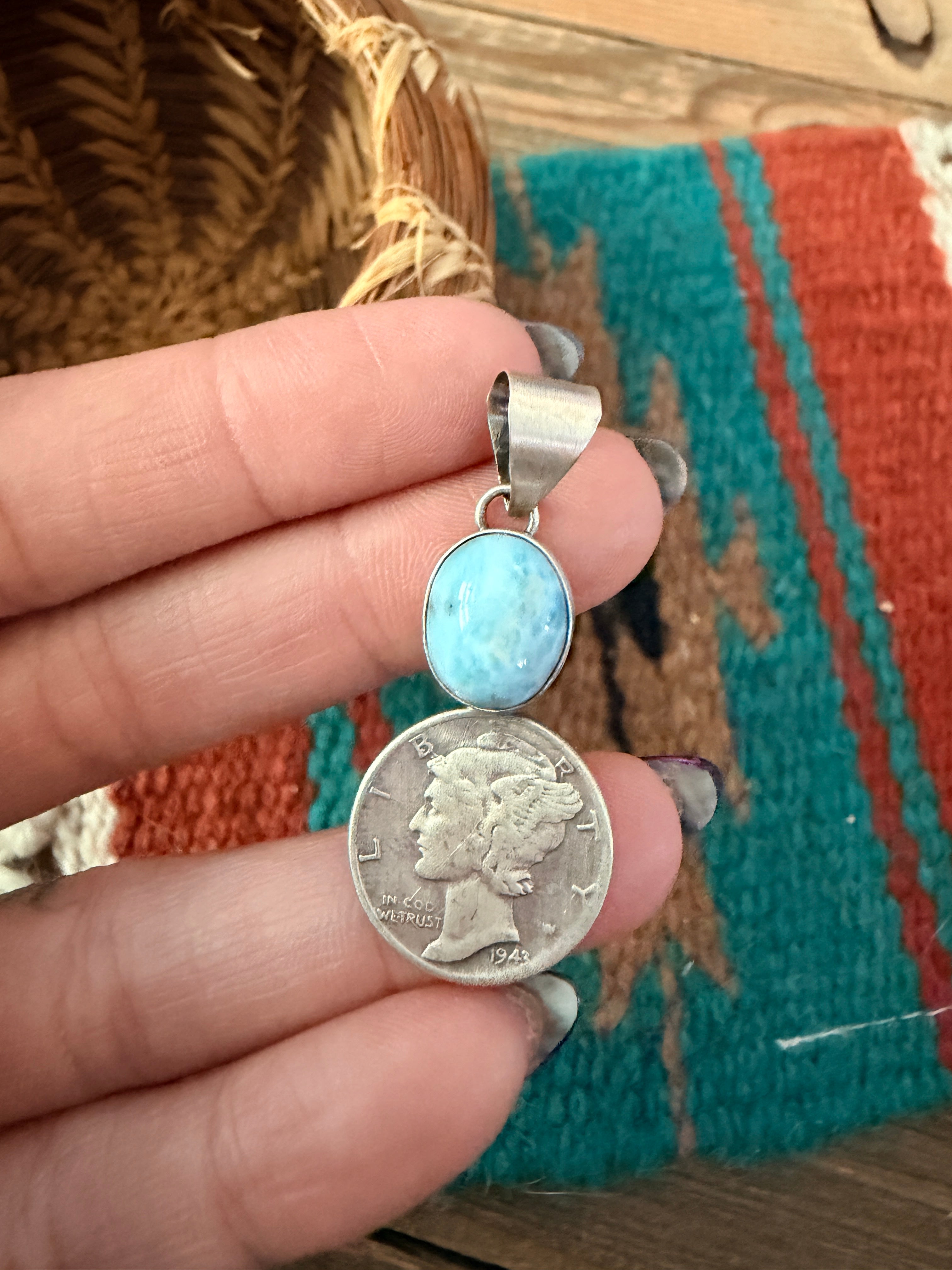 Handcrafted Sterling Silver & Golden Hills Turquoise Liberty Dime Pendant