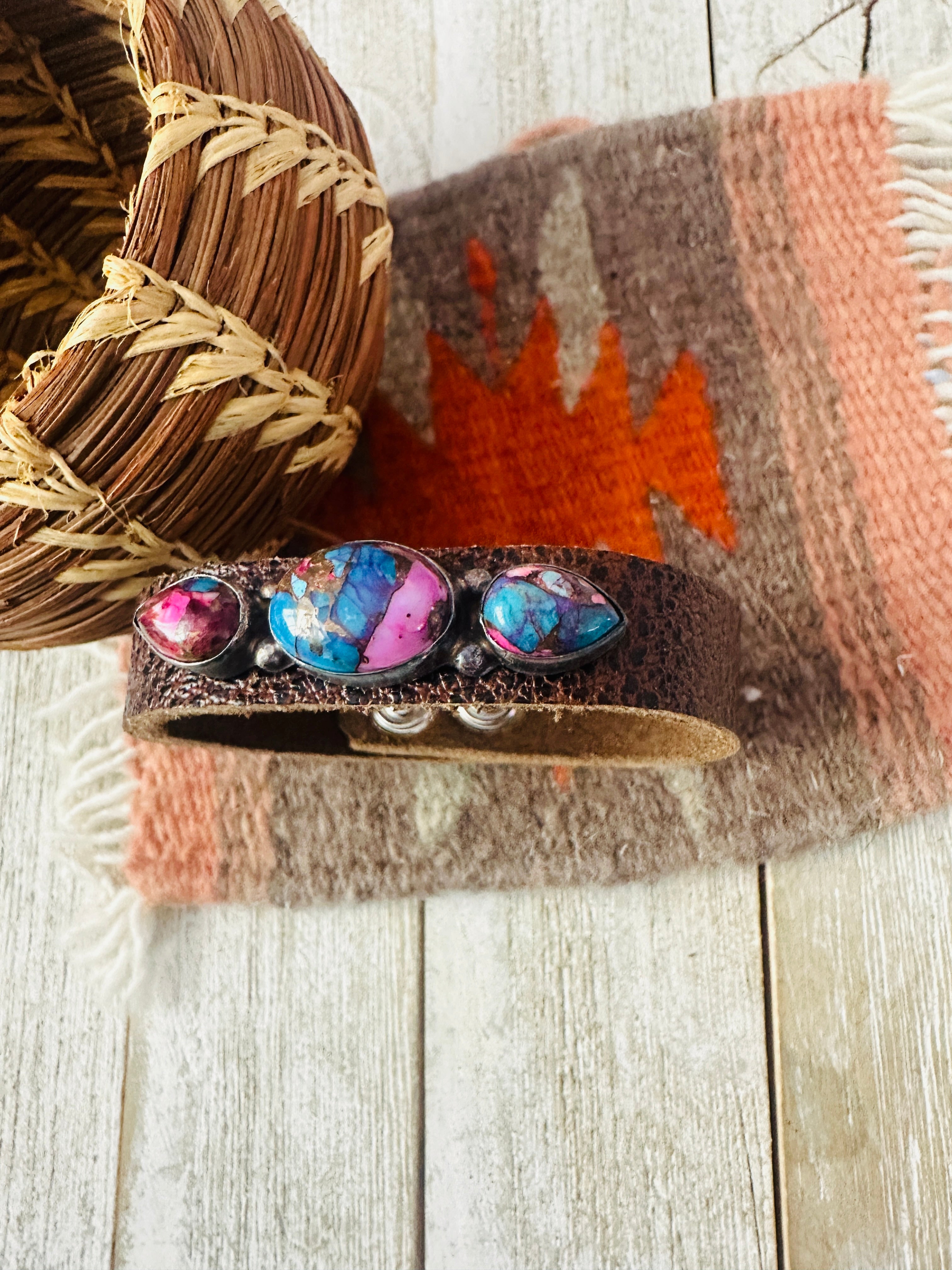 Handcrafted Pink Dream Mojave & Sterling Silver Leather Bracelet