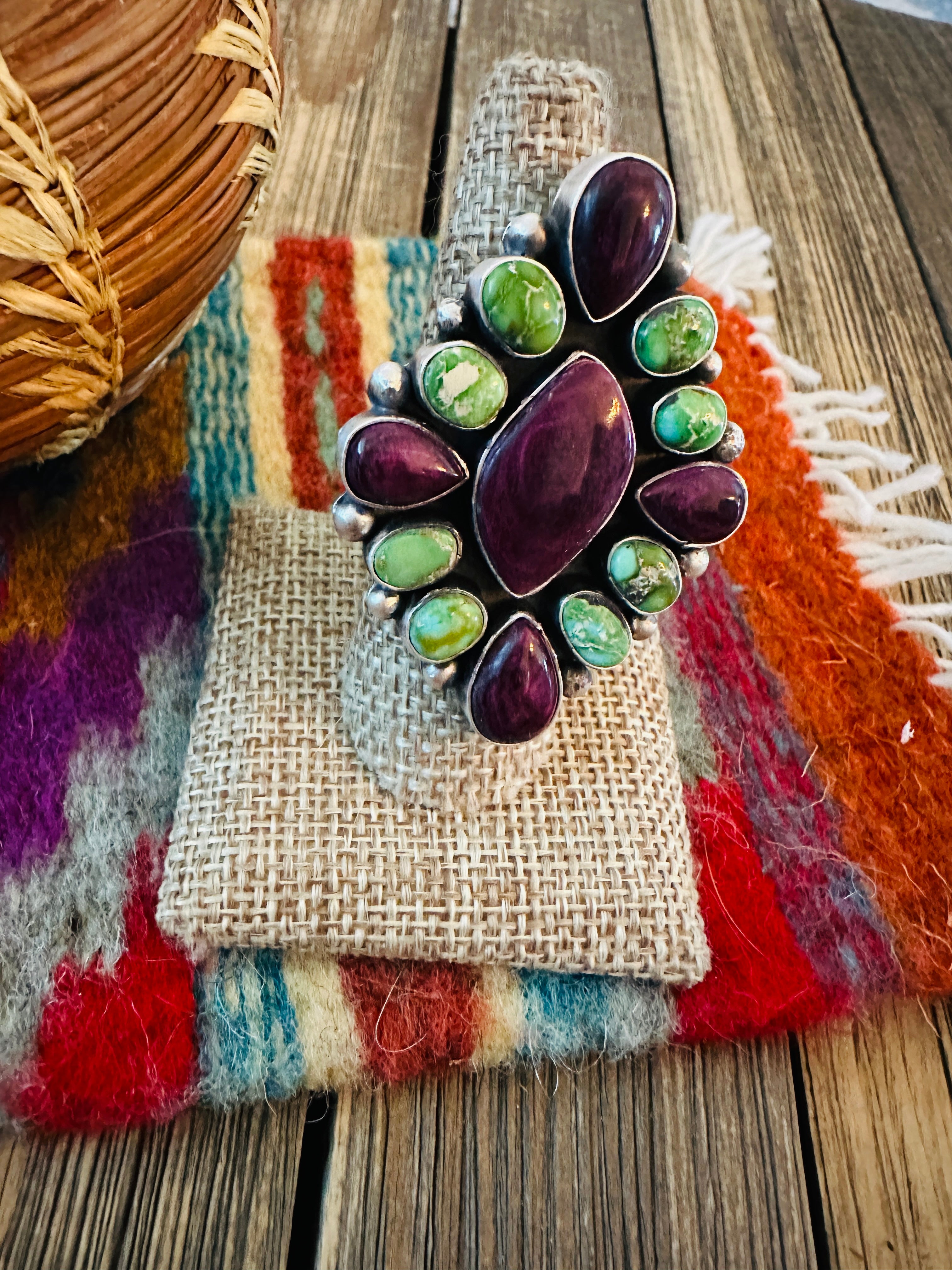 Handcrafted Spiny, Turquoise & Sterling Silver Adjustable Cluster Ring by Rena Shelly