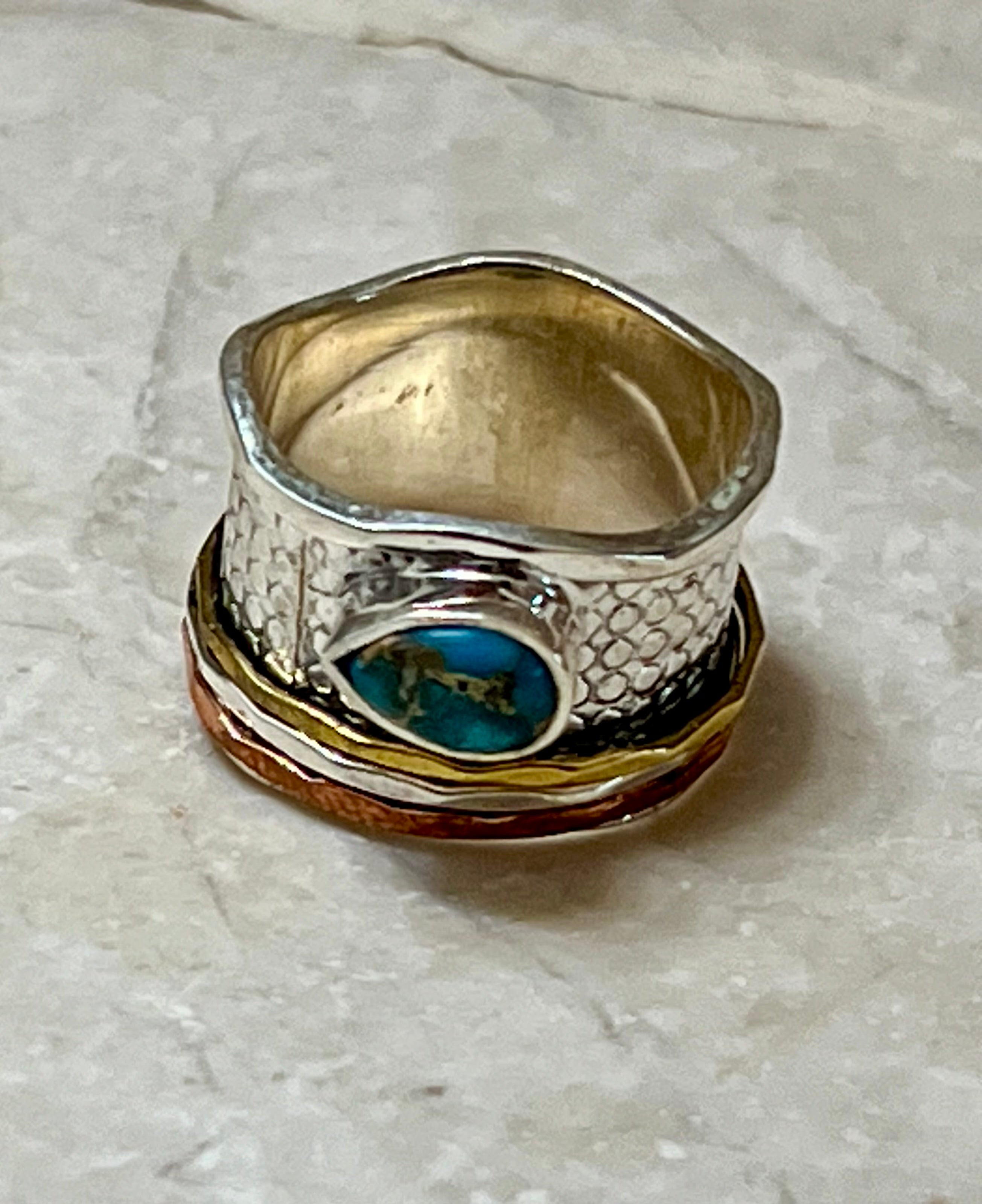 Copper Turquoise Sterling Silver, Gold, Copper Spinner Ring Size 7 “Smooth”