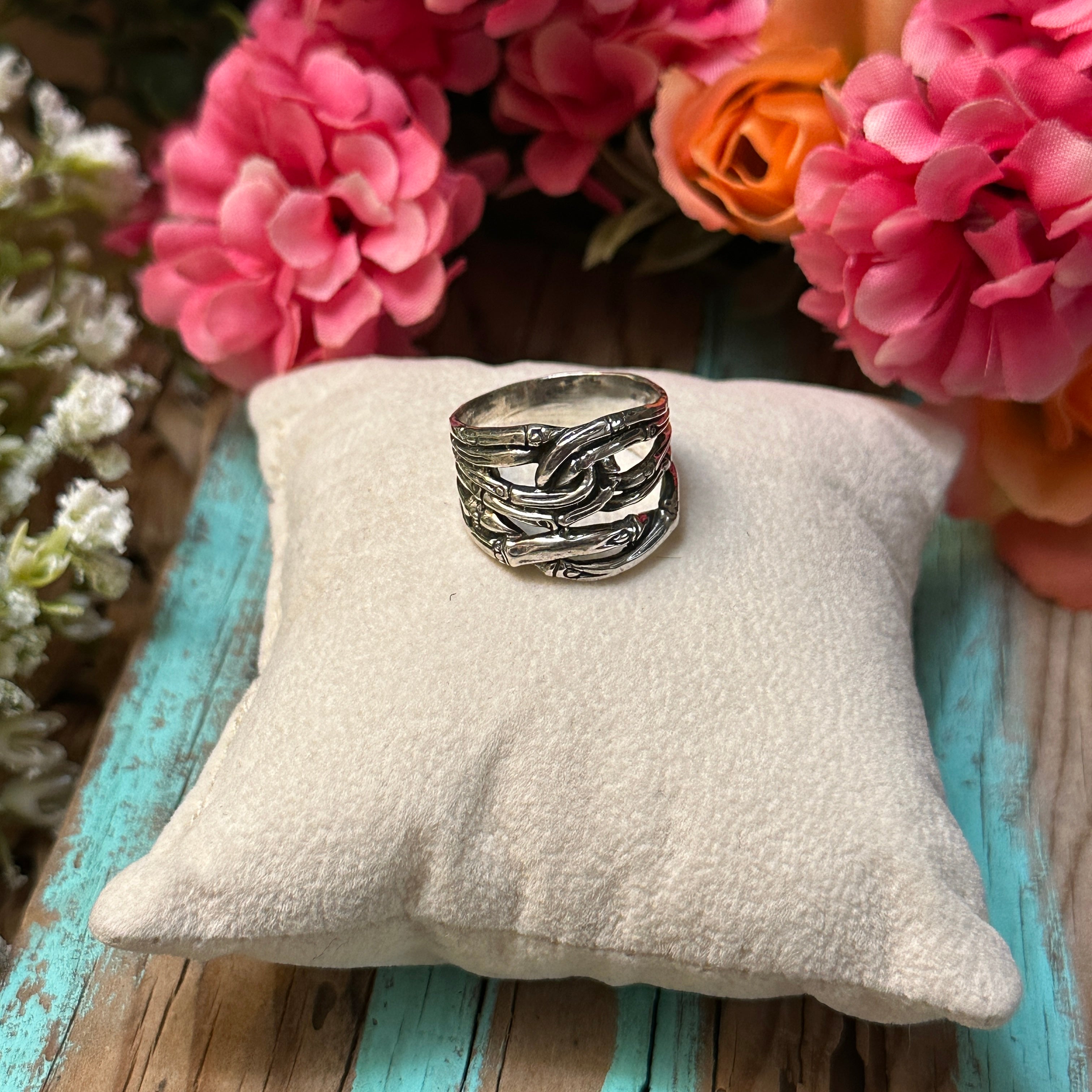 Sterling Silver Bamboo Woven Wide Band Ring