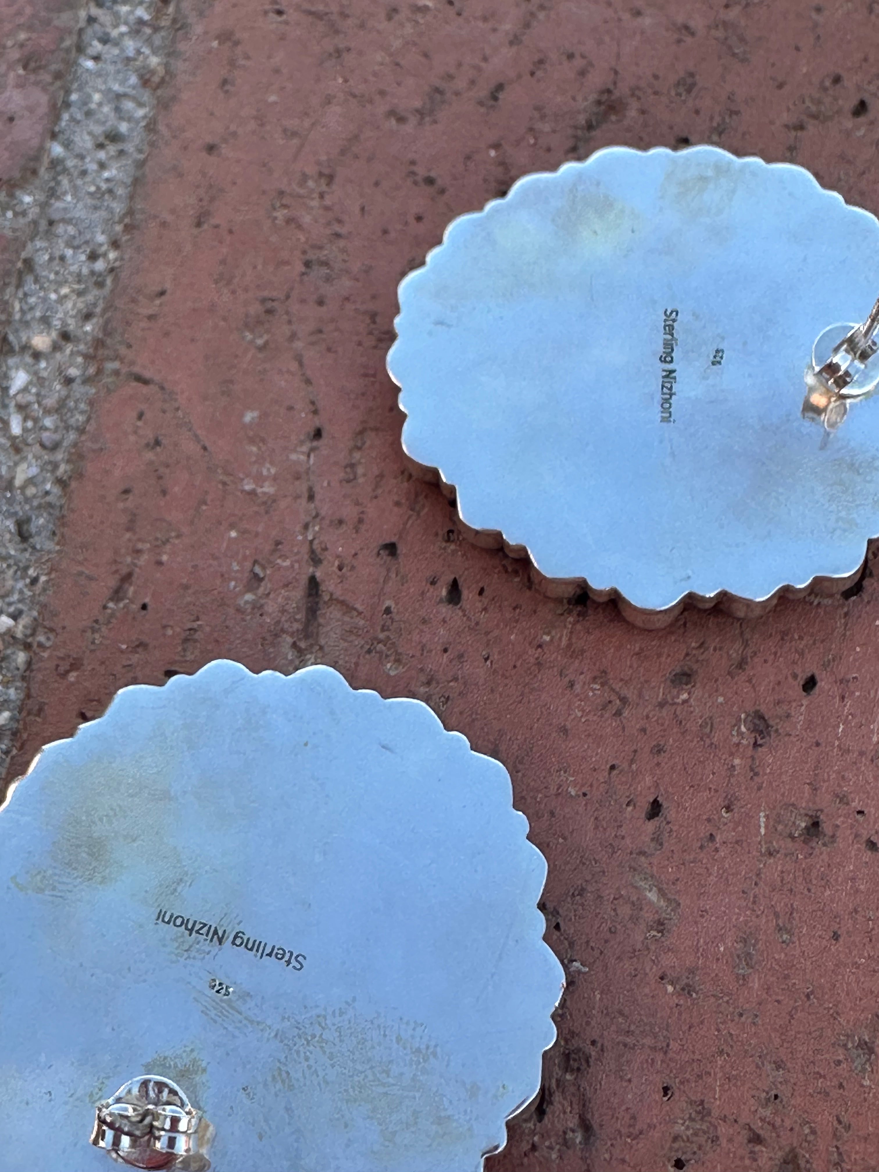 Handmade Golden Hills Turquoise & Sterling Silver Cluster Post Earrings 2”