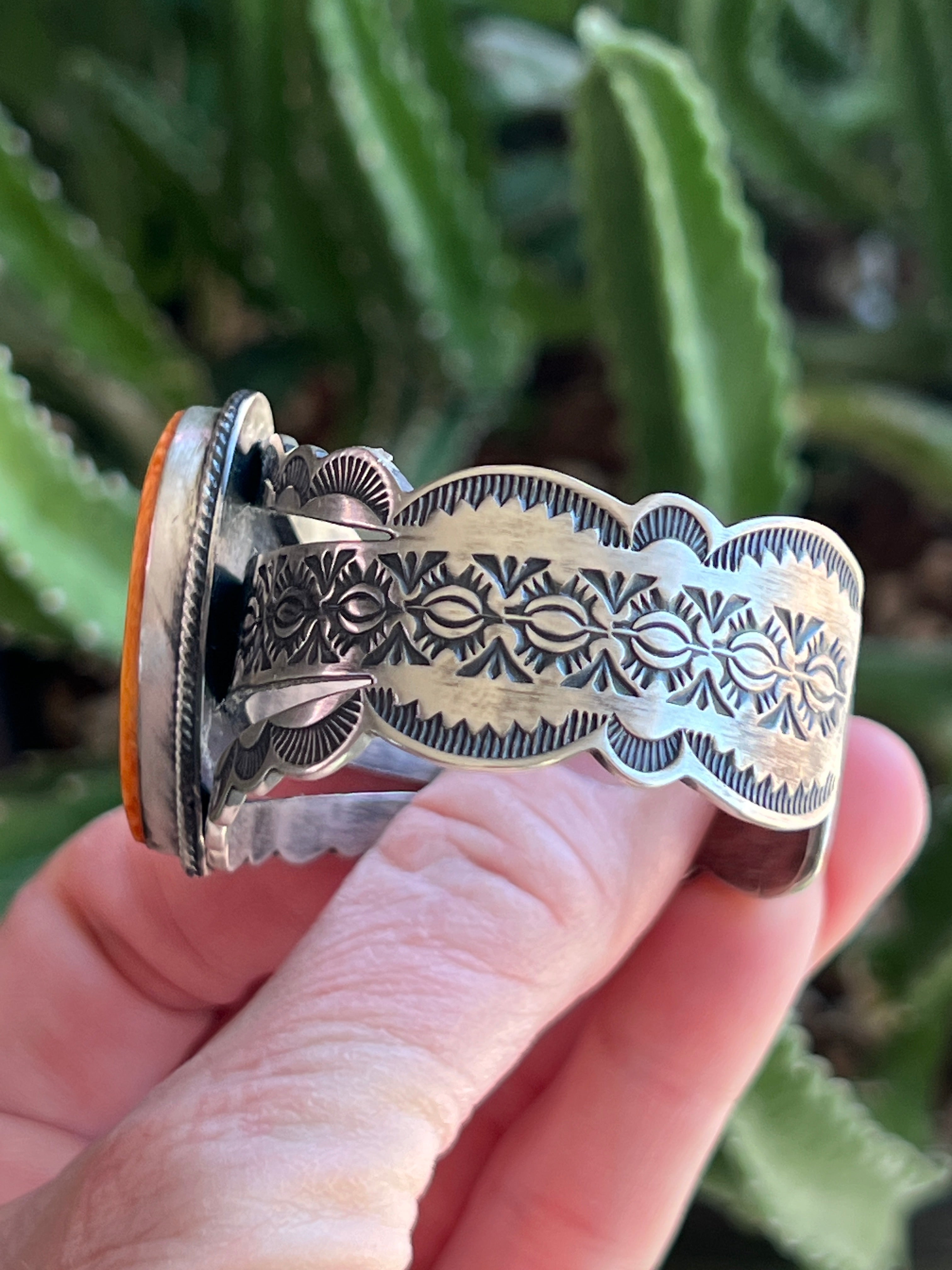 Handcrafted Sterling Silver and Orange Spiny Oyster Shell Heart Cuff Bracelet by Murphy Platero