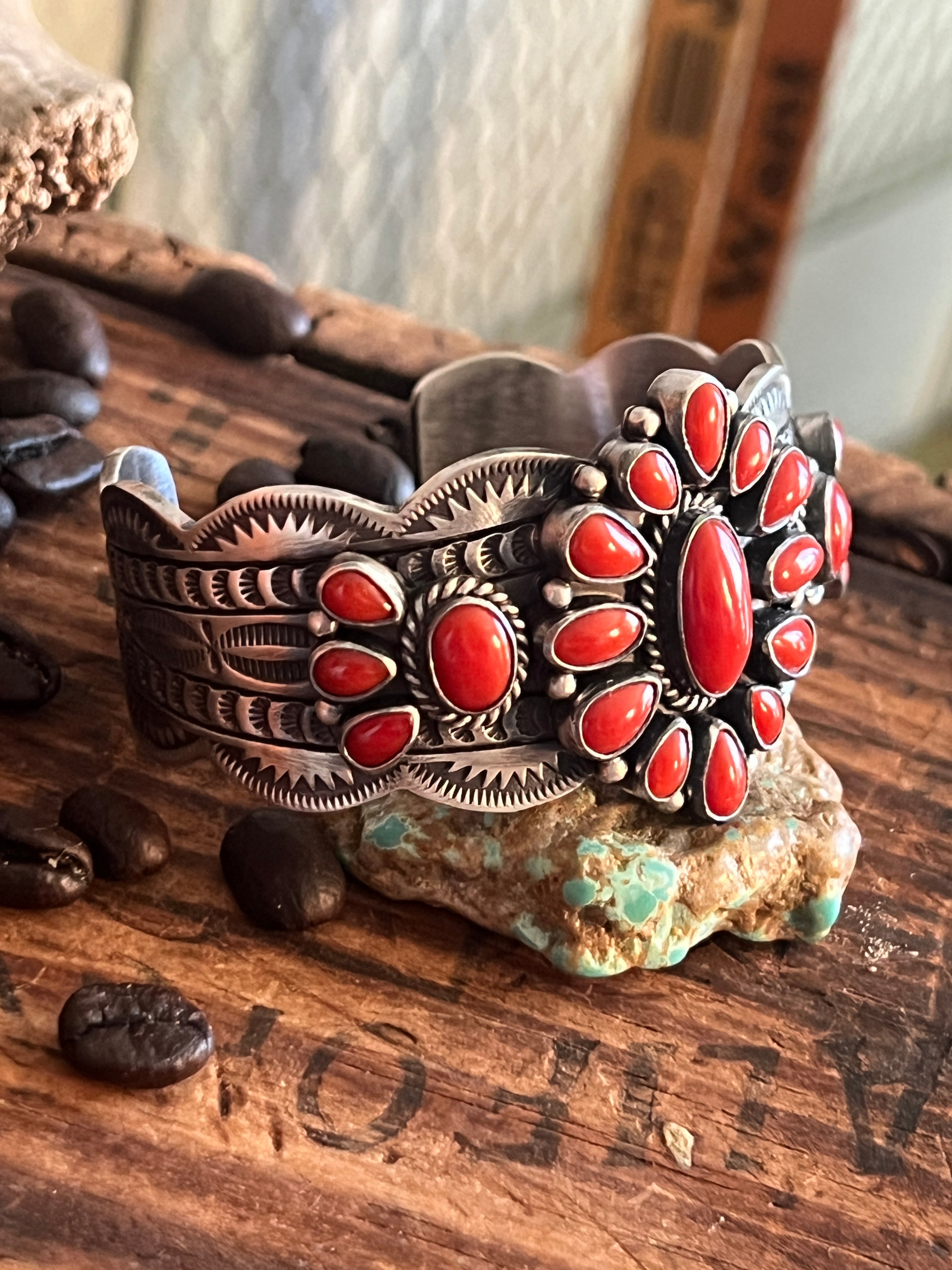 Handcrafted Sterling Silver and Mediterranean Coral Cluster Cuff Bracelet by Murphy Platero