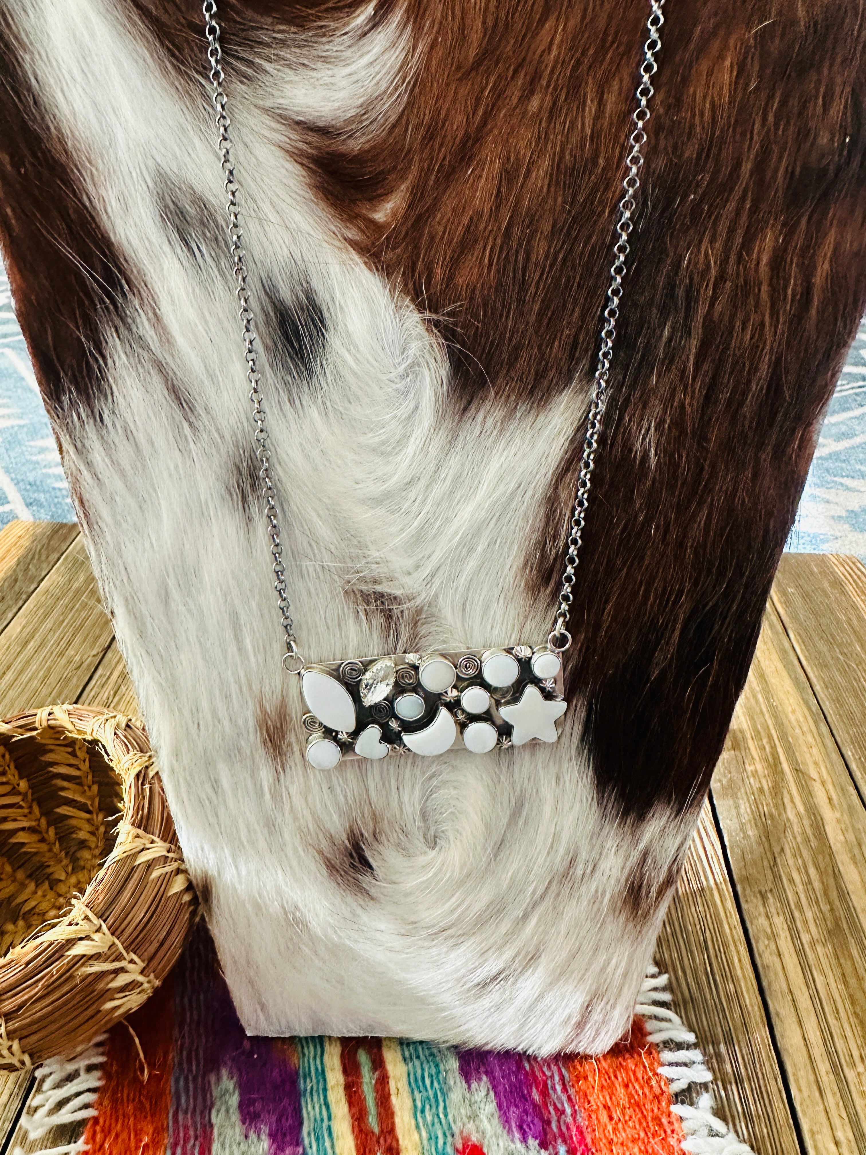 Handcrafted Mother of Pearl, CZ & Sterling Silver Bar Necklace by Jacqueline Silver