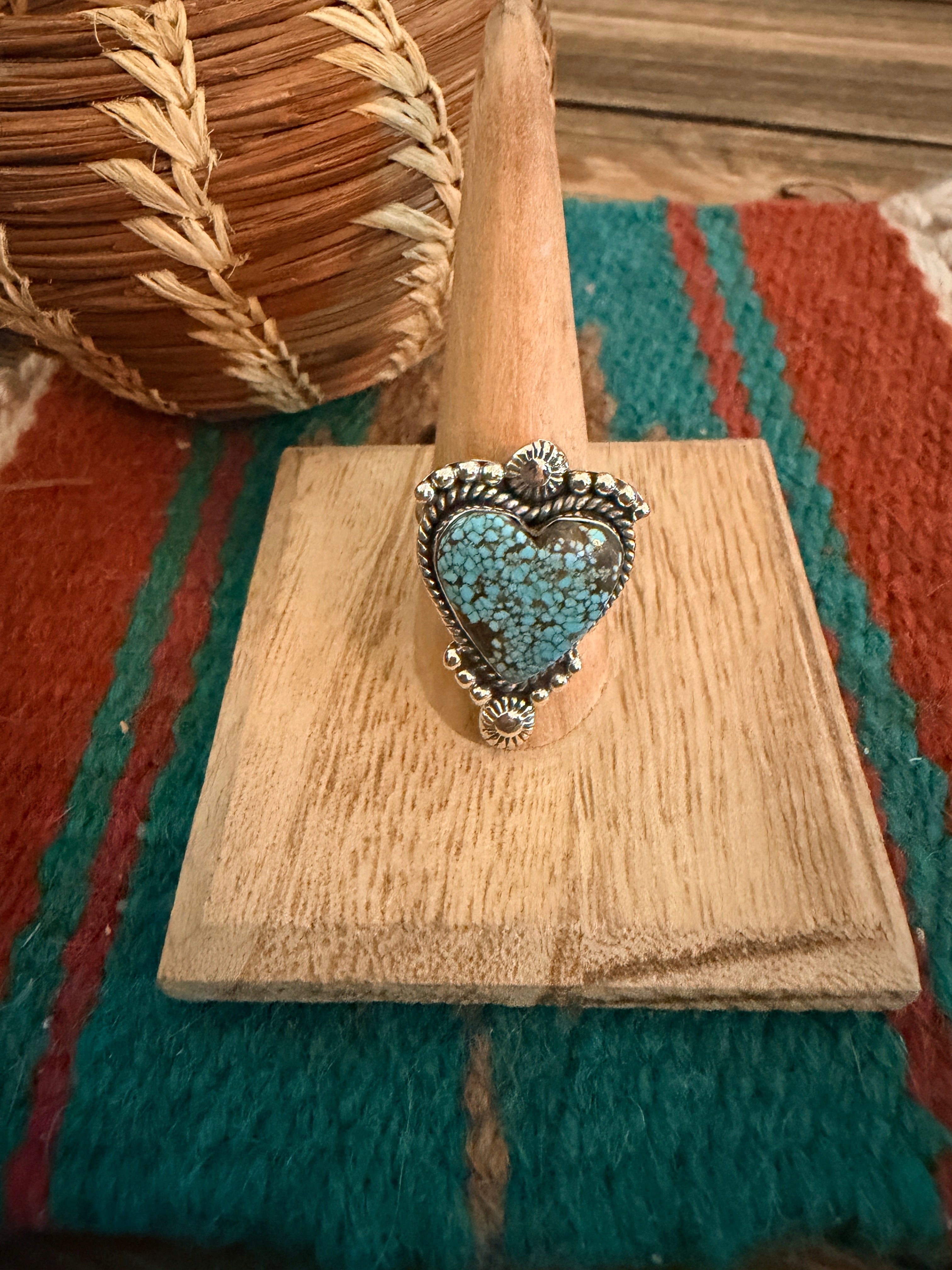 Handmade Sterling Silver Number 8 Turquoise Adjustable Heart Ring Signed Nizhoni