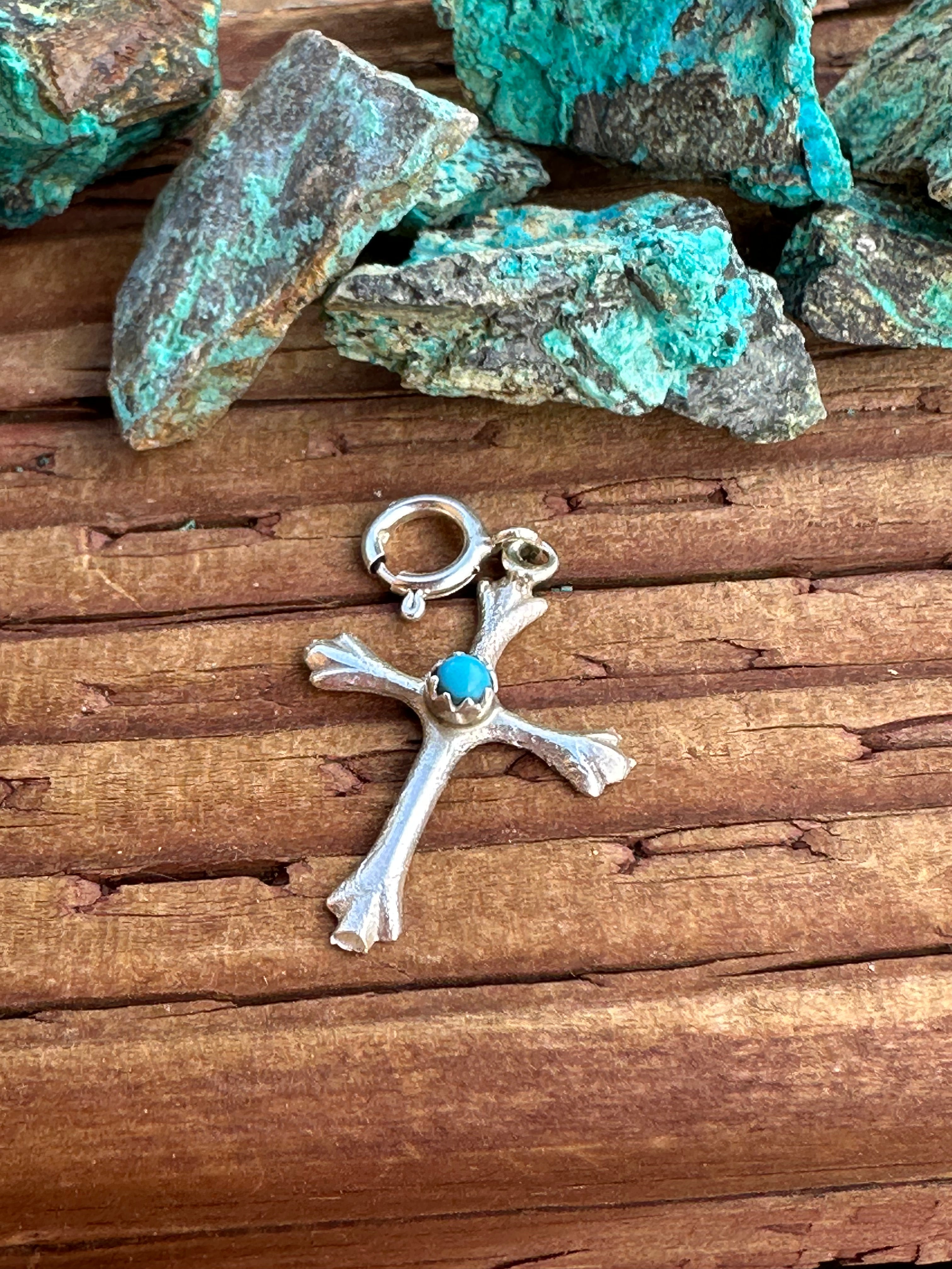 Handcrafted Sterling Silver and Turquoise Hand Stamped Cross charm