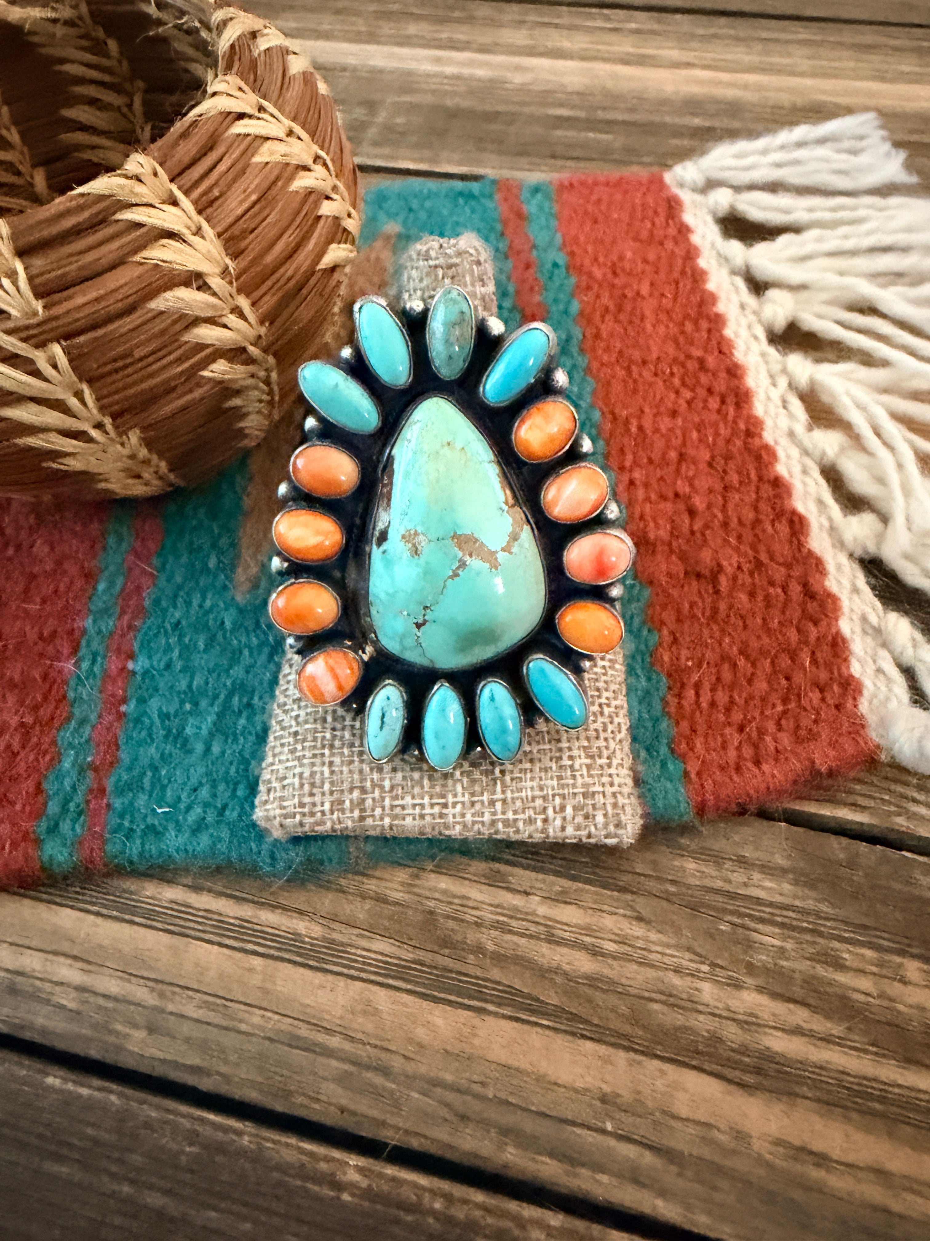 Handcrafted Spiny Oyster, Turquoise & Sterling Silver Cluster Ring by Sheila Becenti Size 11.25