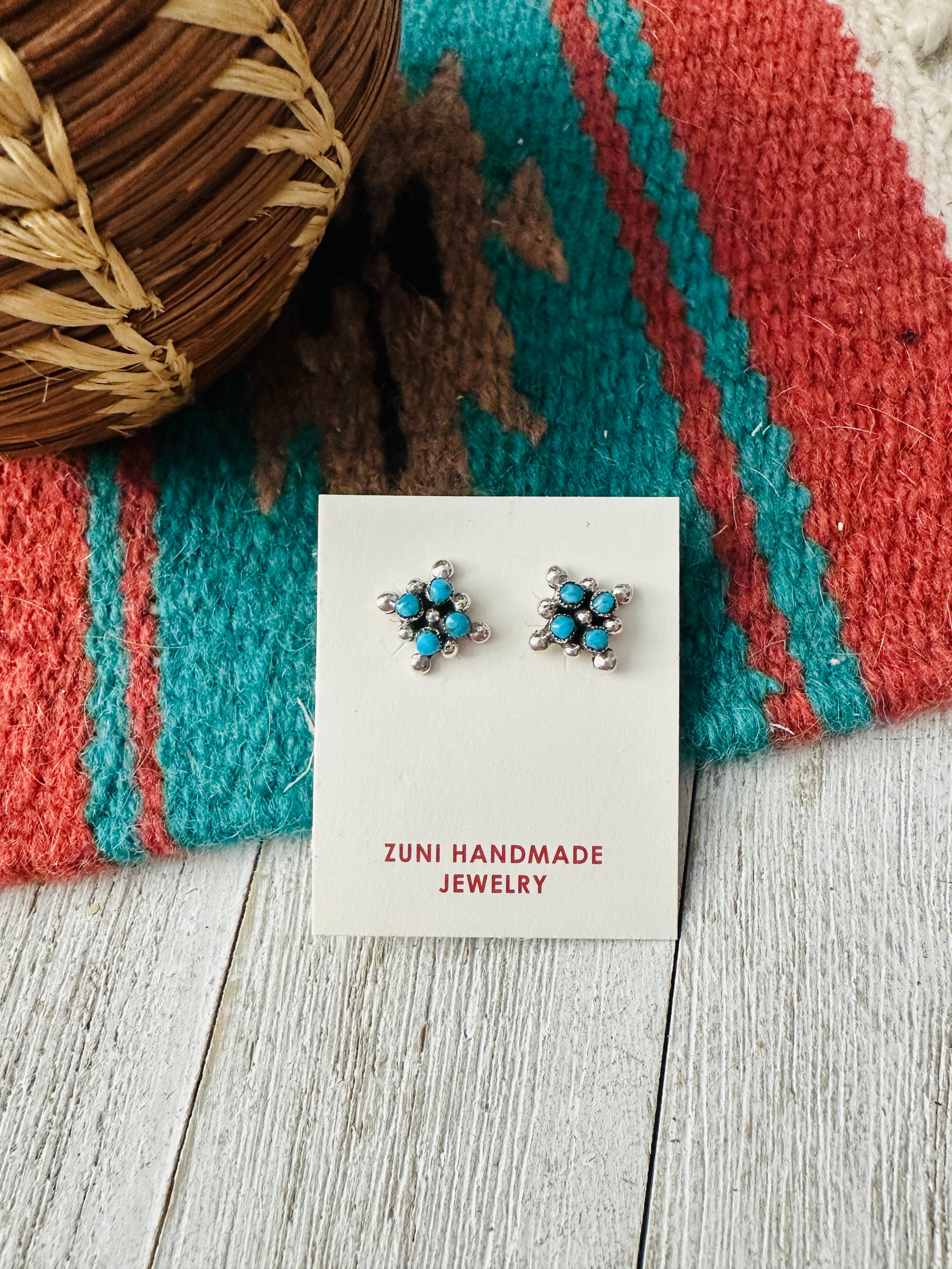Zuni Sterling Silver & Turquoise Petit Point Stud Earrings