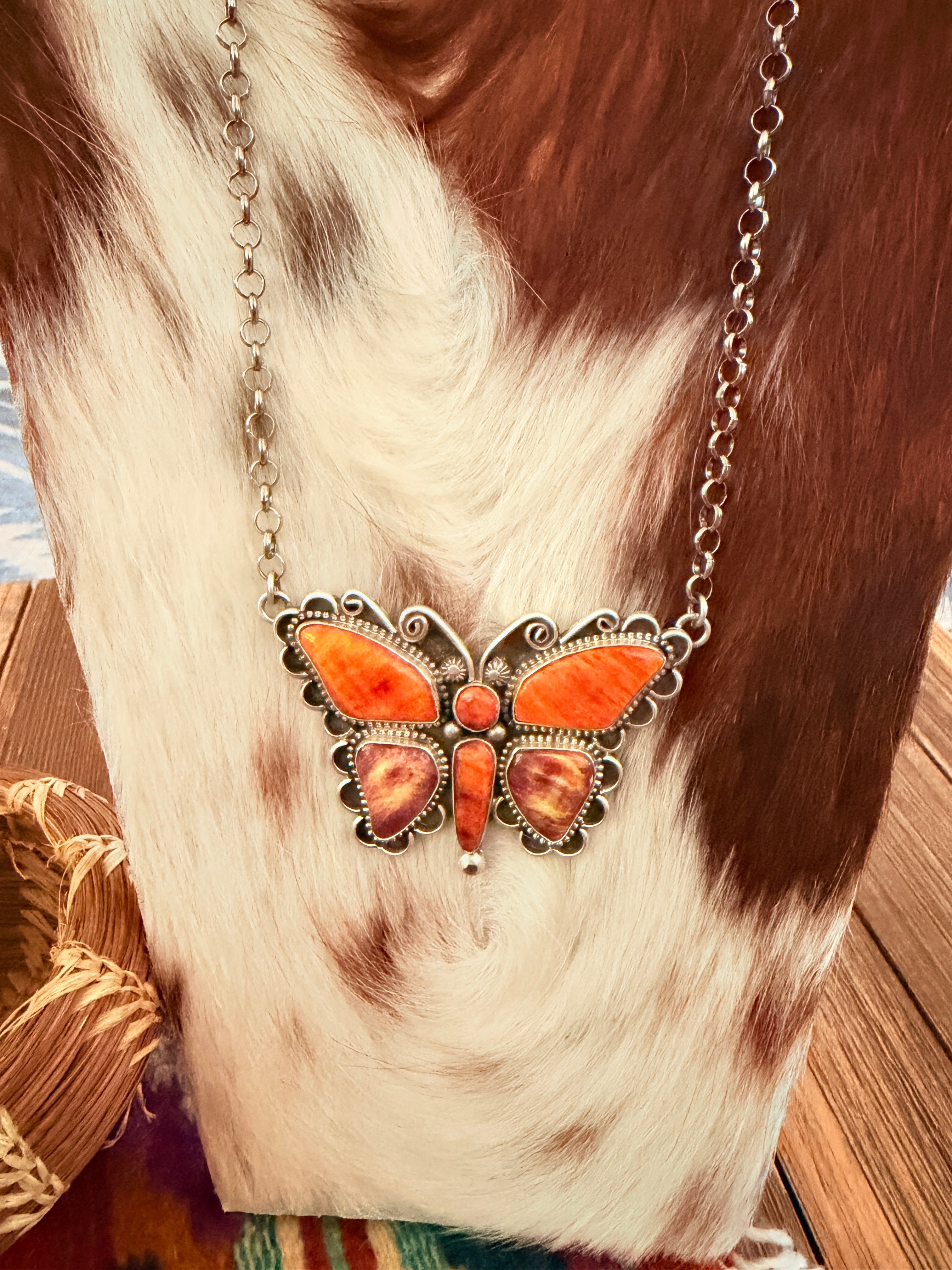 Handcrafted Spiny Oyster & Sterling Silver Butterfly Necklace by Charles Johnson