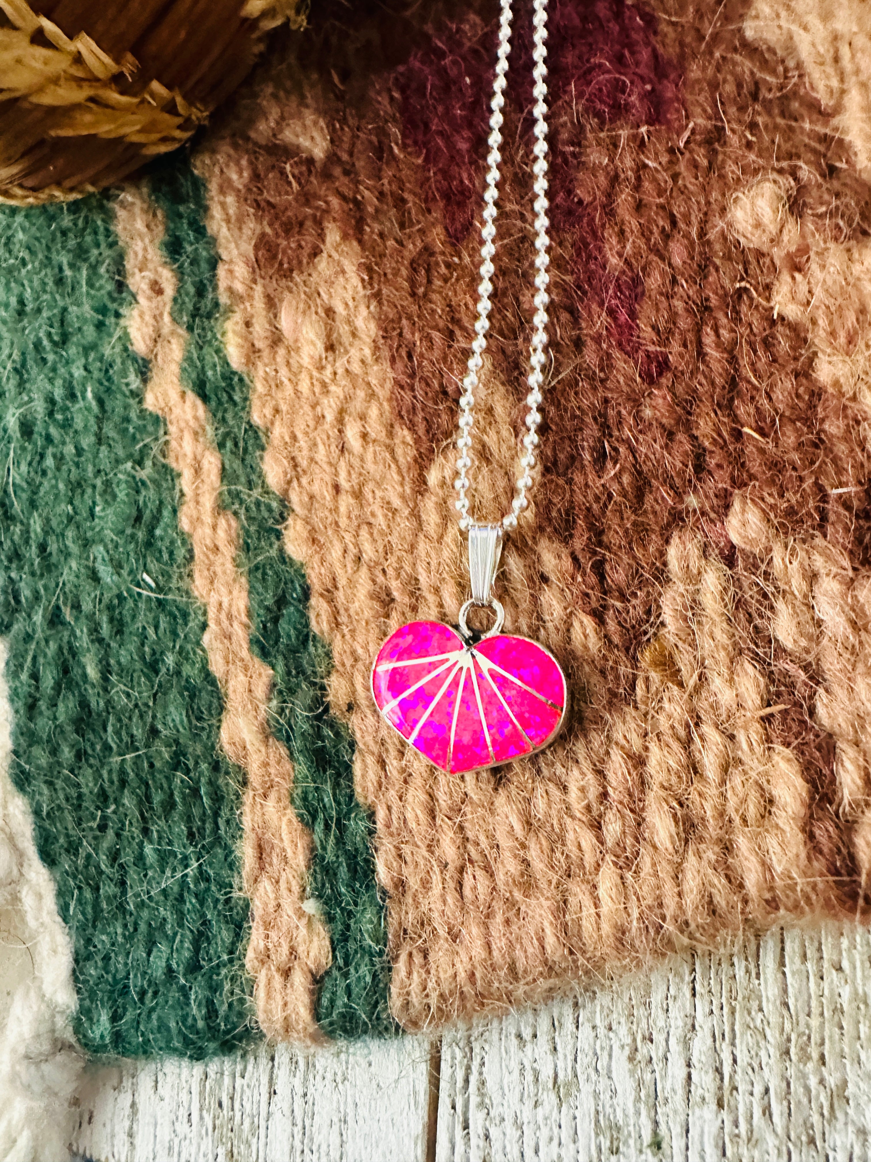 Handcrafted Hot Pink Opal & Sterling Silver Inlay Heart Pendant