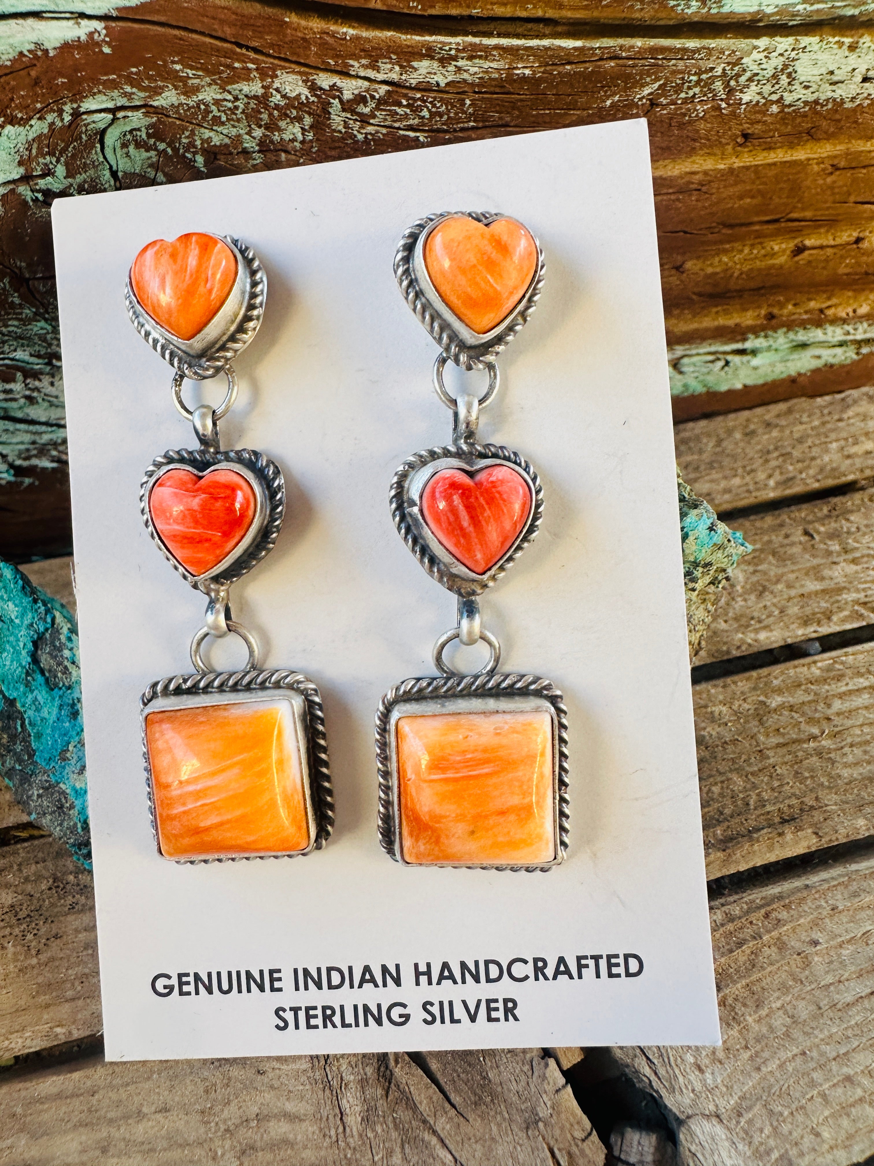 Handcrafted Spiny Oyster & Sterling Silver Heart Dangle Earrings by Vicky Hicks