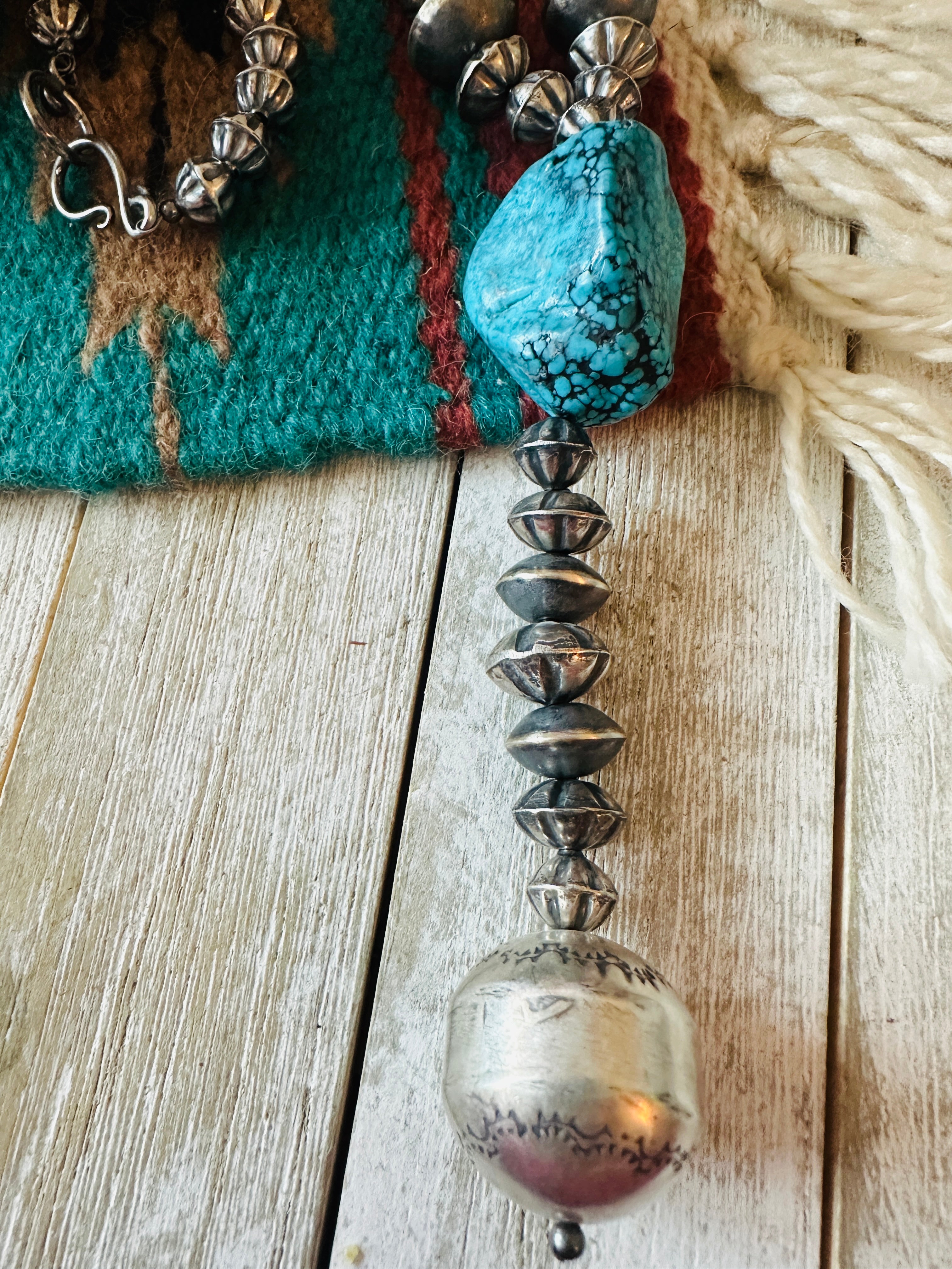 Handcrafted Turquoise & Sterling Silver Pearl Beaded Lariat Necklace