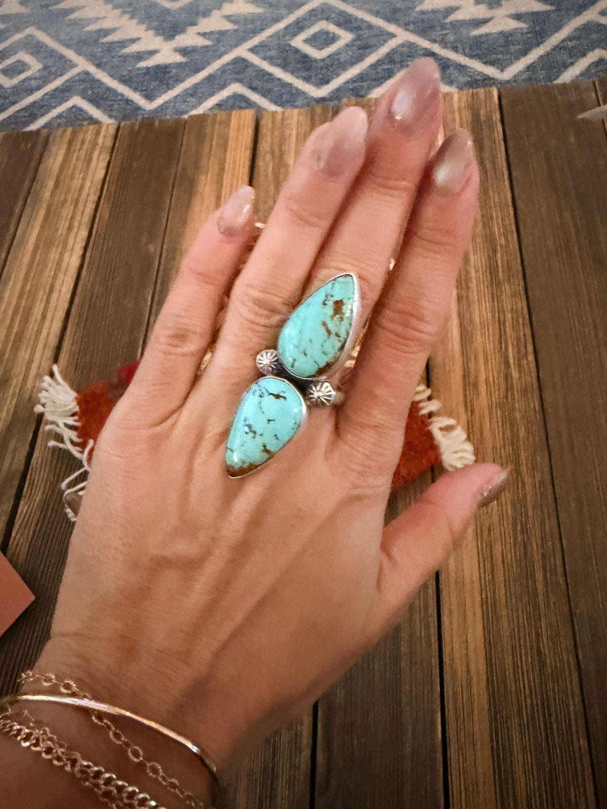 Handcrafted Number 8 Turquoise & Sterling Silver Cluster Adjustable Ring