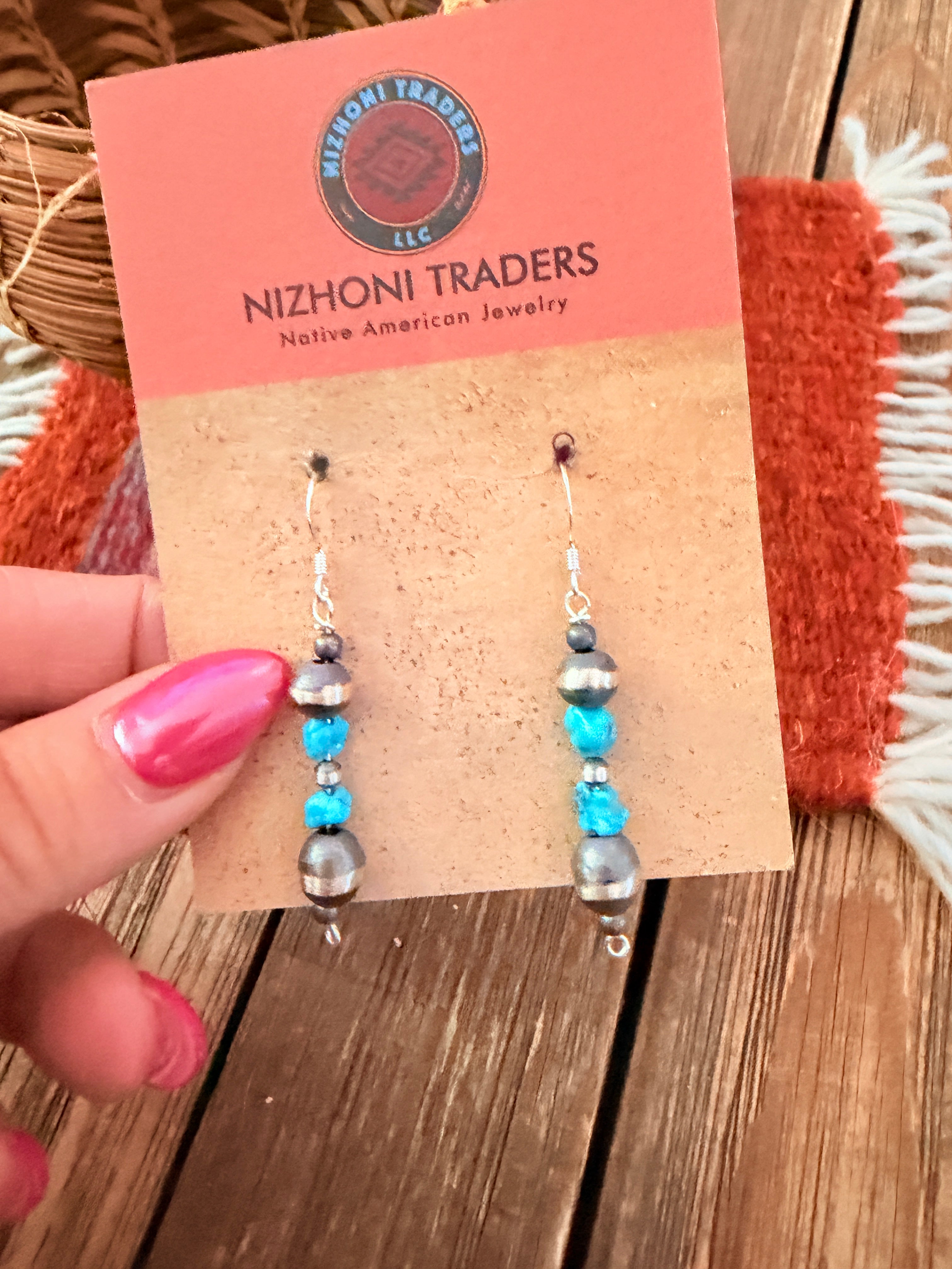 Handcrafted Turquoise & Sterling Silver Pearl Beaded Dangle Earrings