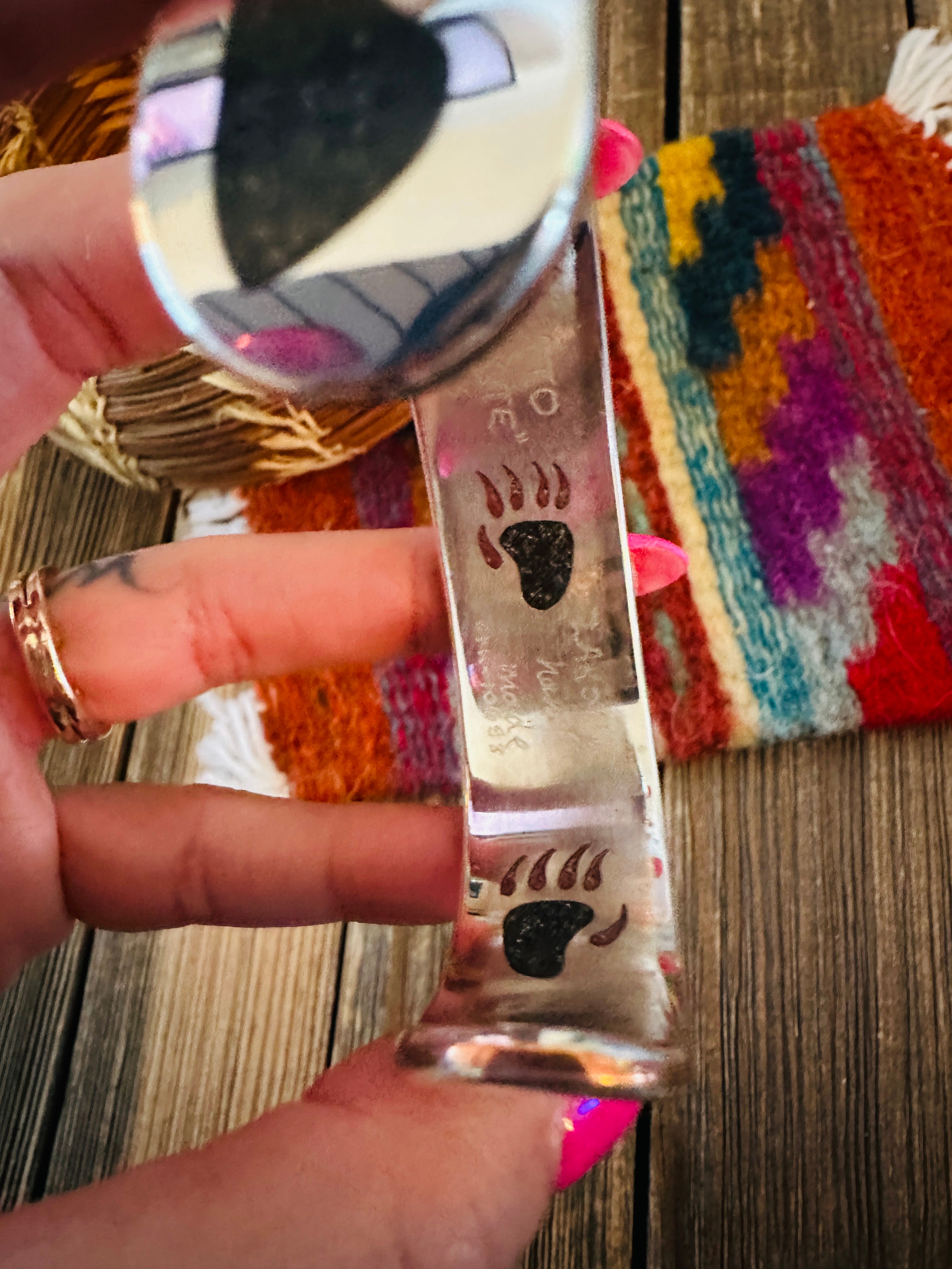 Handcrafted Sterling Silver & Multi Stone Inlay Bear Cuff Bracelet