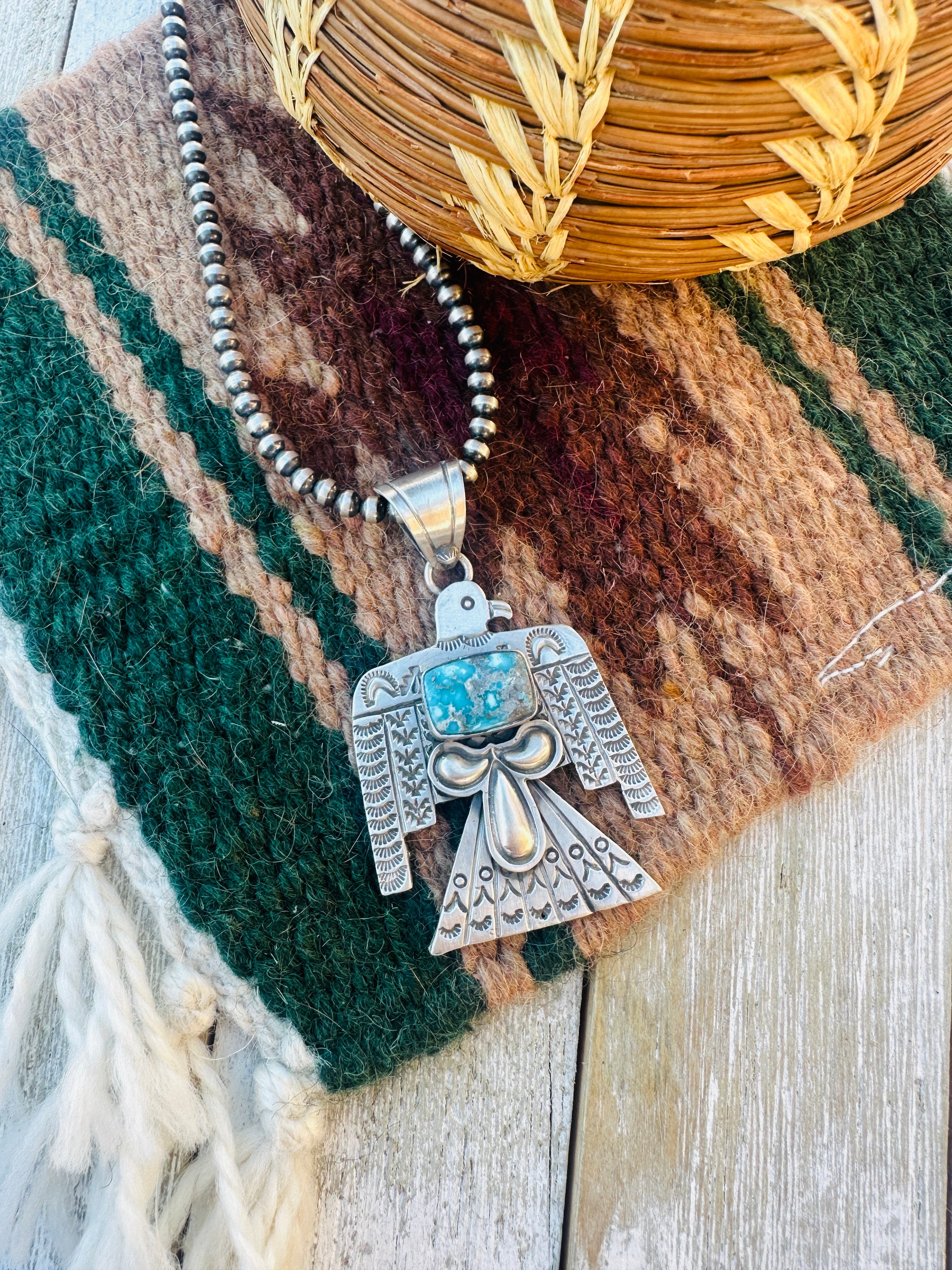 Handcrafted Sterling Silver & Turquoise Thunderbird Pendant by Leroy James